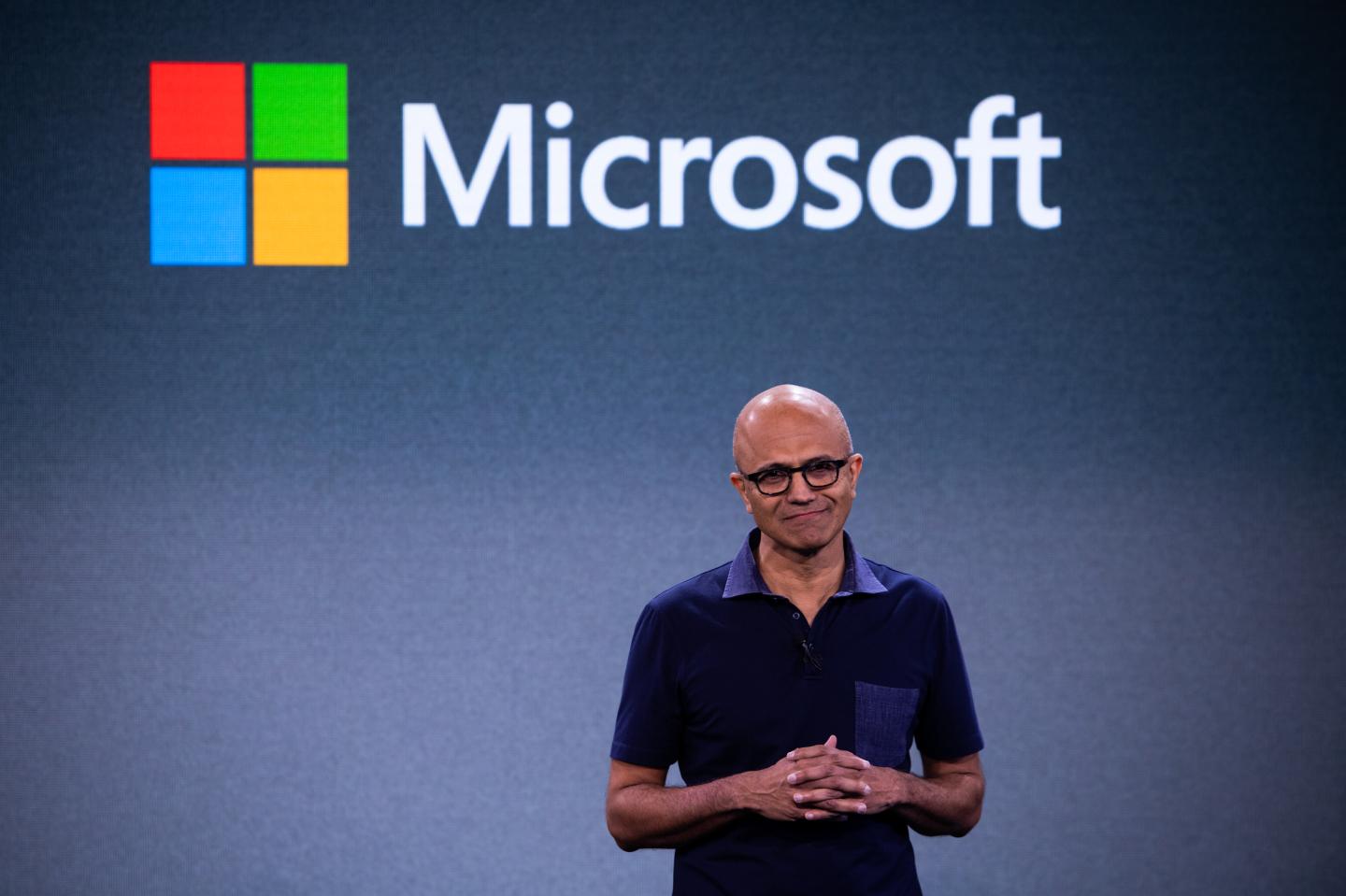 Satya Nadella, chief executive officer of Microsoft Corp., pauses while speaking during a Microsoft product event in New York, U.S., on Wednesday, Oct. 2, 2019.