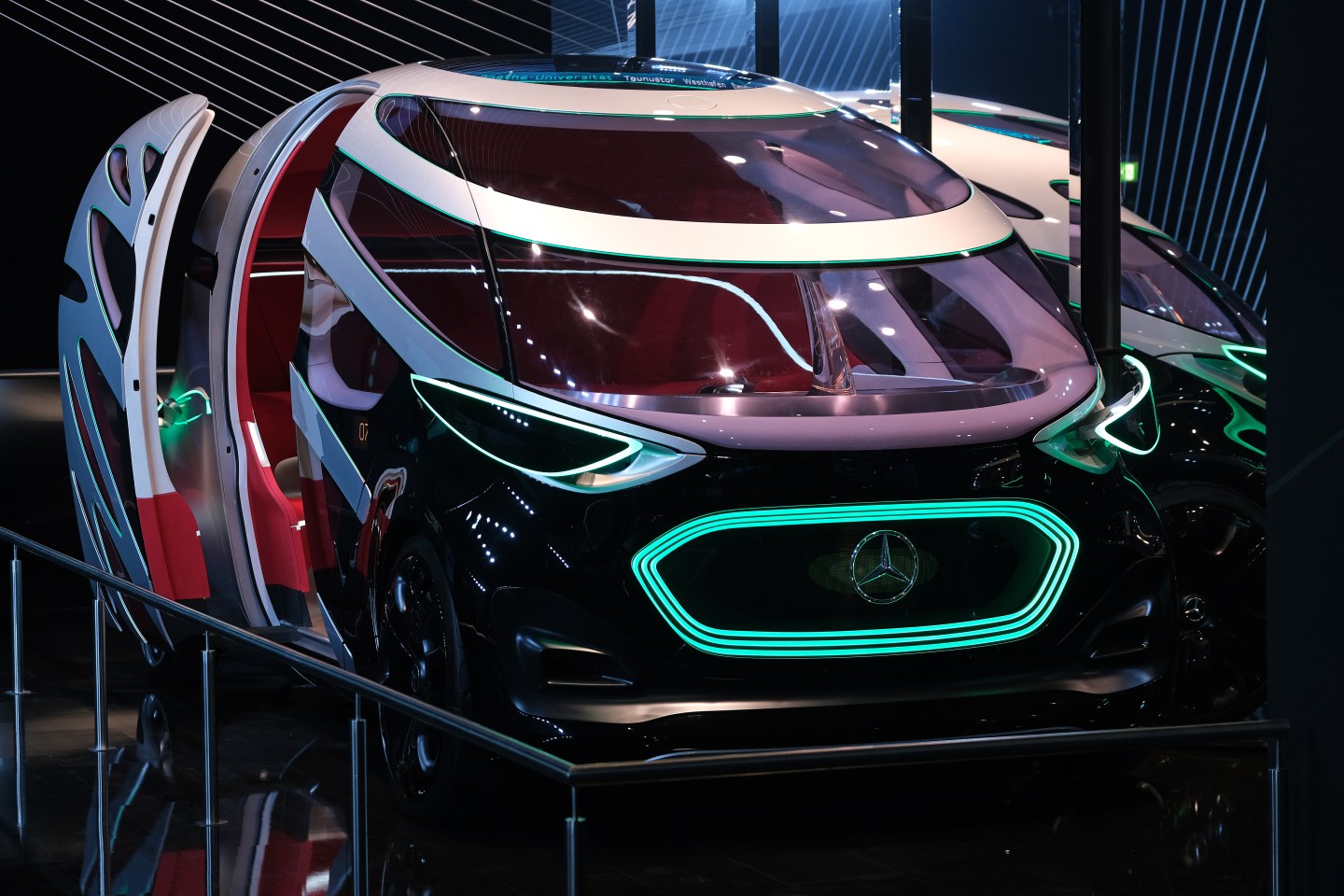 A Mercedes-Benz Vision Urbanetic autonomous electric passenger car stands on display at the Mercedes-Benz media preview at the 2019 IAA Frankfurt Auto Show on September 09, 2019 in Frankfurt am Main, Germany.
