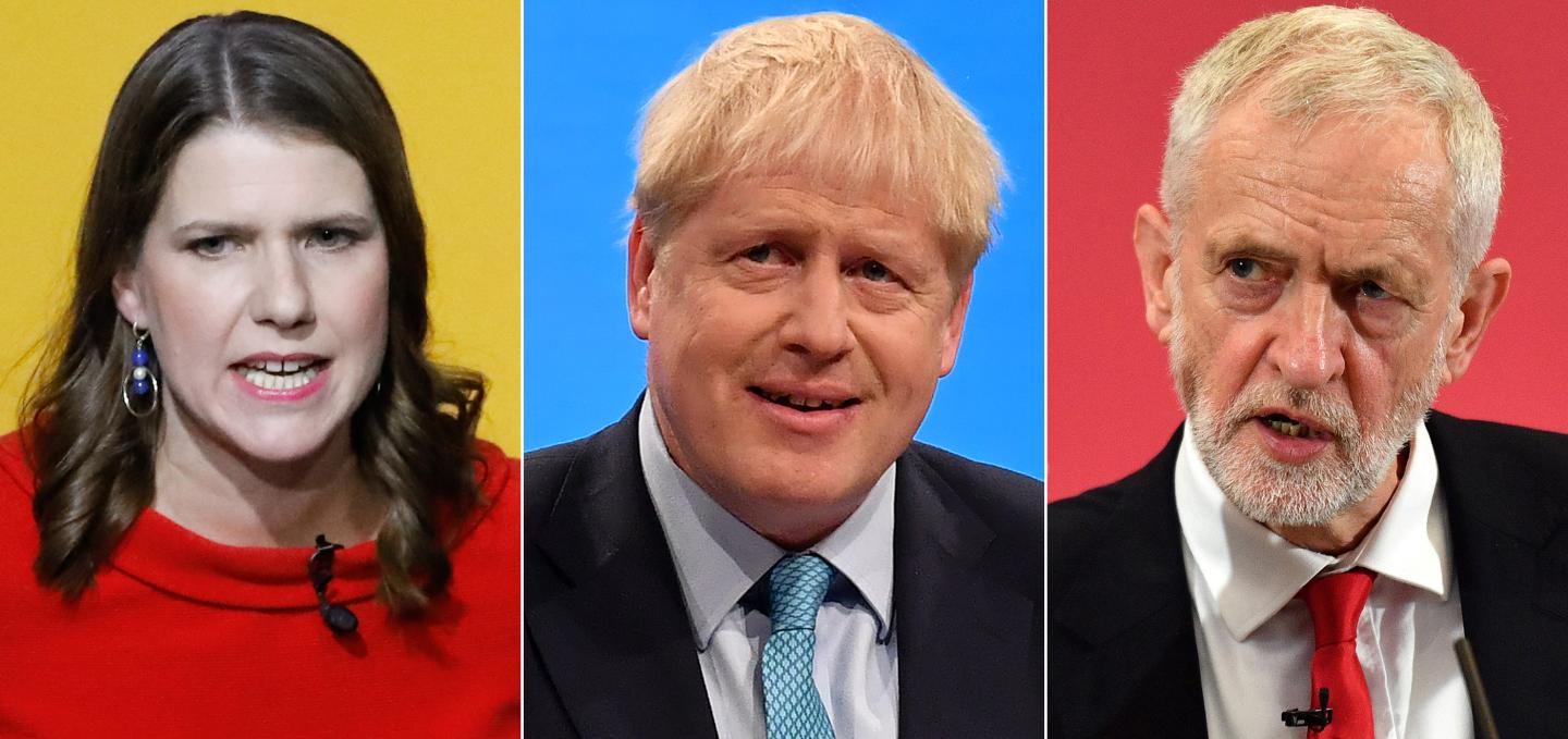 A combination of pictures created in London on November 1, 2019 shows Britain's Prime Minister and Conservative Party leader Boris Johnson (C), Britain's main opposition Labour Party leader Jeremy Corbyn (R) and Liberal Democrats leader Jo Swinson giving speeches at their respective party conferences.