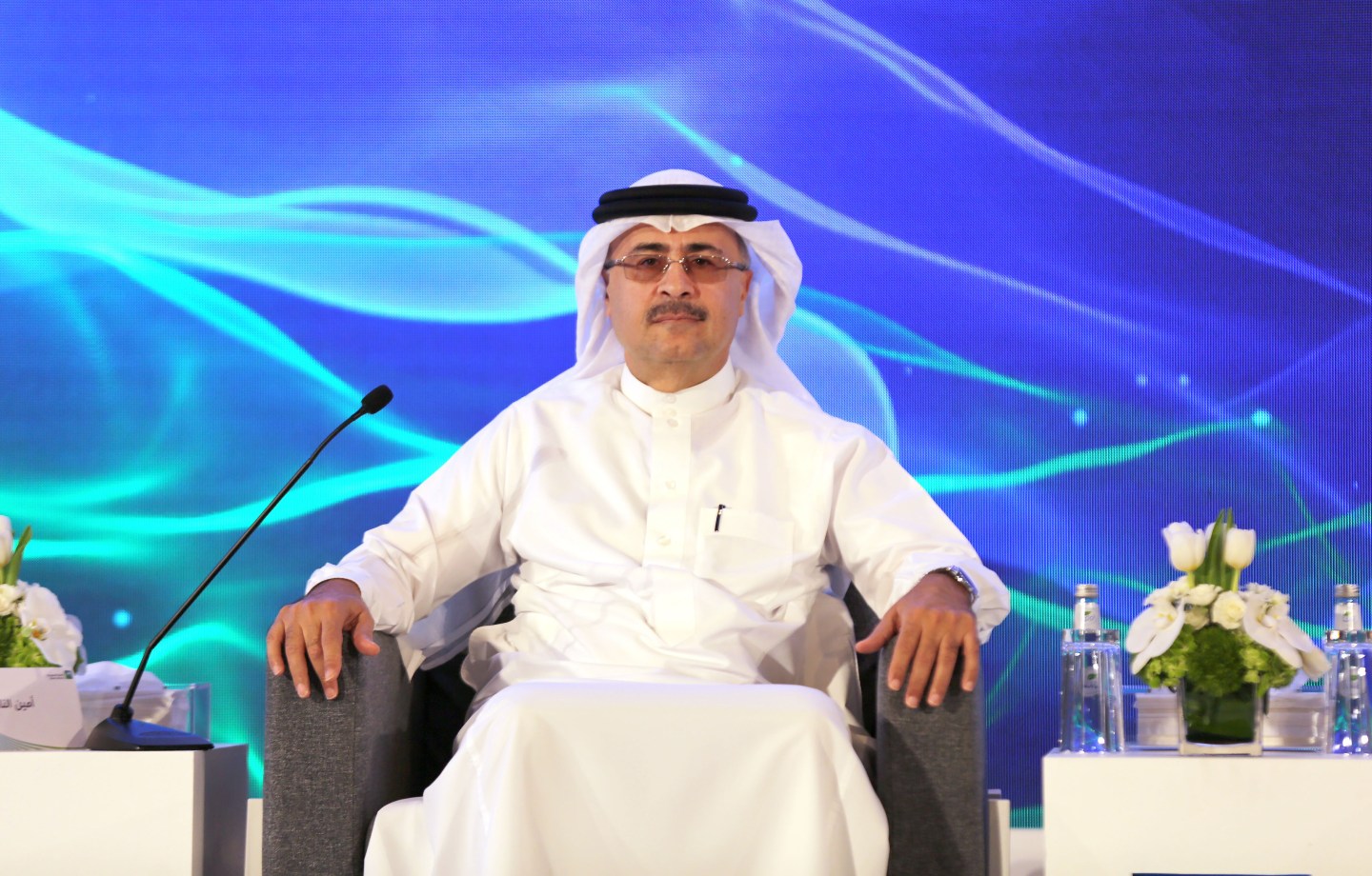 Amin Nasser, chief executive officer of Saudi Aramco, pauses during a news conference in Dhahran, Saudi Arabia, on Sunday, Nov. 3, 2019. More than three years after Crown Prince Mohammed bin Salman first raised the idea -- and just three weeks after a plan to launch the share sale was abruptly shelved -- oil giant Saudi Aramco announced its intention on Sunday to list shares on the local stock exchange in Riyadh. Photographer: Mohammed Al-Nemer/Bloomberg via Getty Images