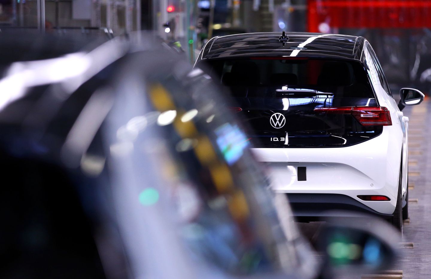 A general view of the production line of the new Volkswagen electric car, the ID.3 model, at the Volkswagen car factory in Zwickau, eastern Germany, on November 4, 2019.