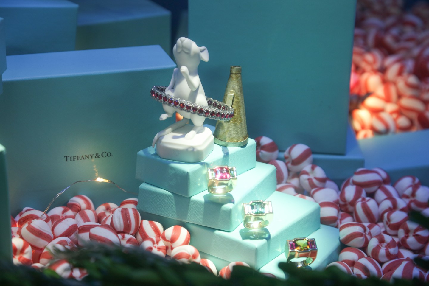 Tiffany &amp; Co. or Tiffany's flagship store at the 5th Ave in New York City, United States of America. Tiffany's is an American luxury jewelry brand. The historical building and Tiffany's logo are famous and worldwide known from the iconic movie Breakfast at Tiffany's with Audrey Hepburn from 1961. Tiffany's jewellery and iconic blue gift boxes on display at the store. New York, USA - November 18, 2019 (Photo by Nicolas Economou/NurPhoto via Getty Images)