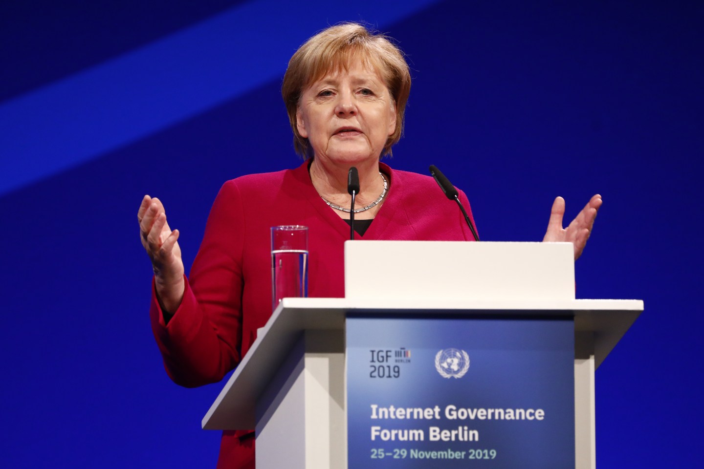 German Chancellor Angela Merkel speaks at the opening of the Internet Governance Forum on November 26, 2019 in Berlin, Germany.