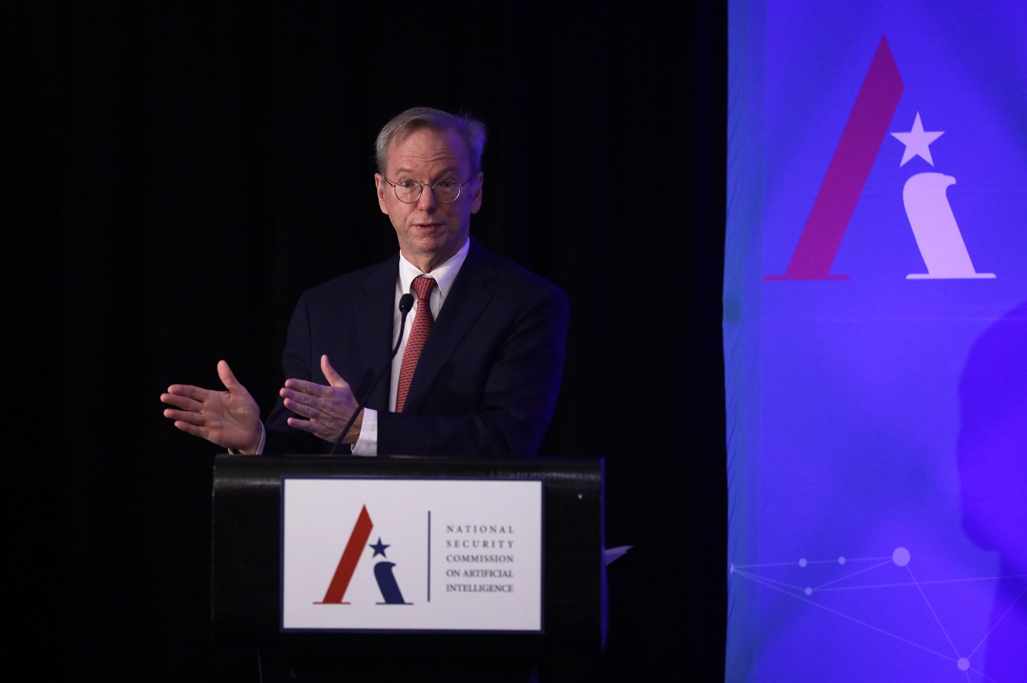 Executive Chairman of Alphabet Inc., Google's parent company, Eric Schmidt speaks during a National Security Commission on Artificial Intelligence (NSCAI) conference November 5, 2019 in Washington, DC.