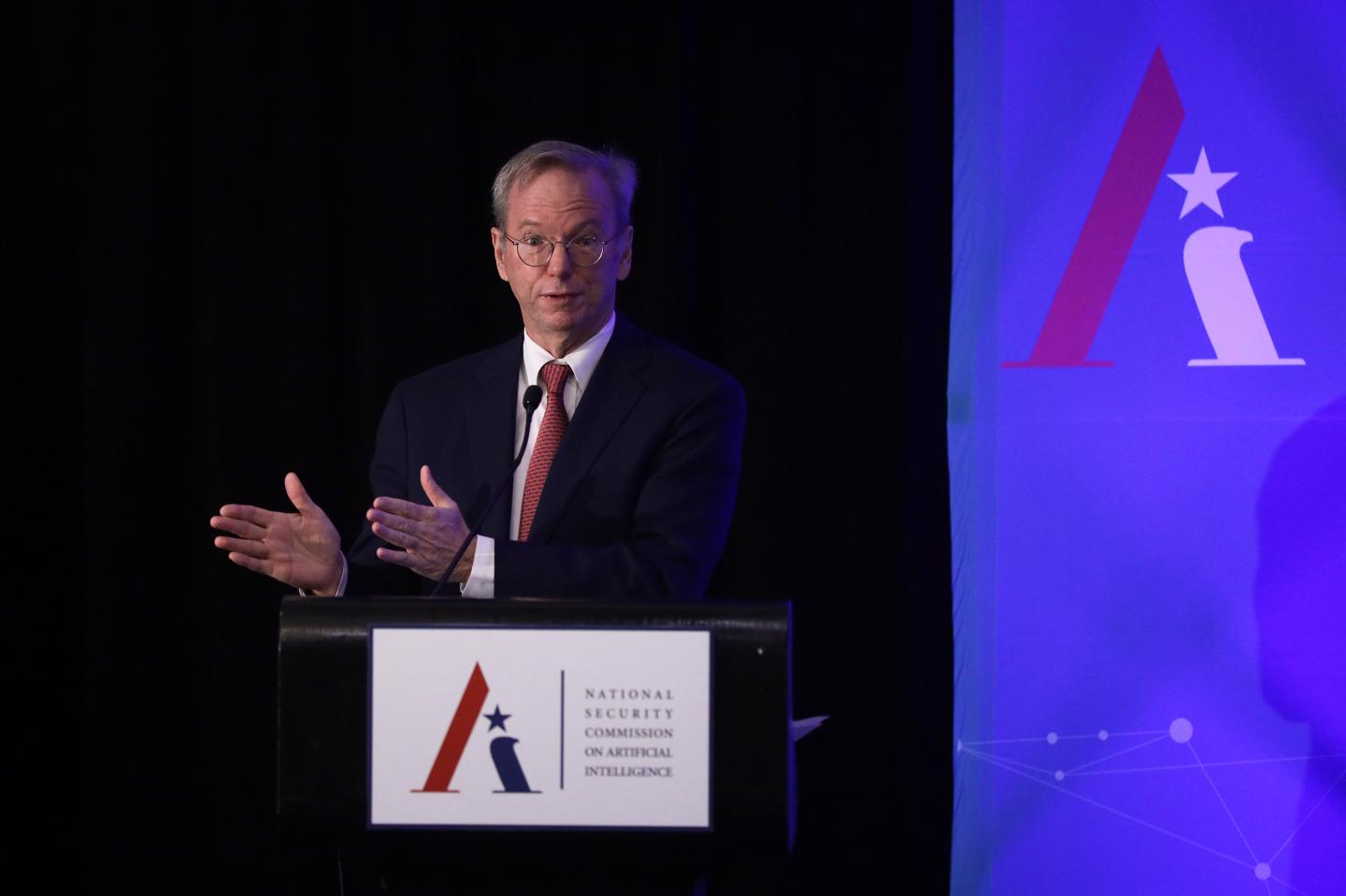 Executive Chairman of Alphabet Inc., Google's parent company, Eric Schmidt speaks during a National Security Commission on Artificial Intelligence (NSCAI) conference November 5, 2019 in Washington, DC.