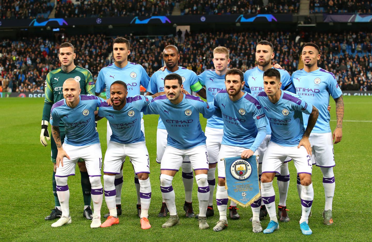 MANCHESTER, ENGLAND - NOVEMBER 26: The players of Manchester City line up prior to the UEFA Champions League group C match between Manchester City and Shakhtar Donetsk at Etihad Stadium on November 26, 2019 in Manchester, United Kingdom. (Photo by Alex Livesey - Danehouse/Getty Images)
