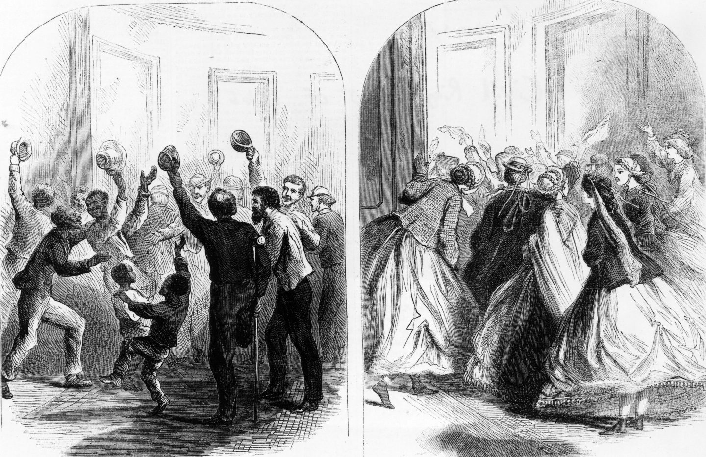 Crowds celebrating outside the House of Representatives after the Civil Rights Act of 1866 was passed by the narrow margin of 119 to 65.