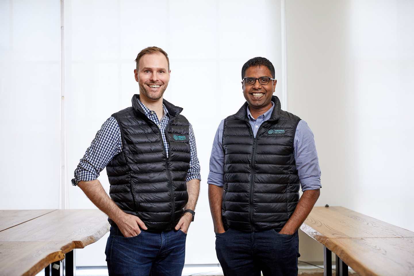 Evan Reiser, CEO and cofounder of Abnormal Seucirty (left) beside Sanjay Jeyakumar, his cofounder and chief technology officer. Courtesy of Greylock Partners