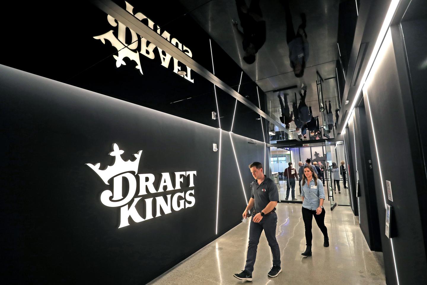 BOSTON, MA - MARCH 25: The entrance from the elevators, designed to resemble a tunnel entering a stadium, is pictured at the new DraftKings office in Boston on March 25, 2019. DraftKings is opening its new office in the Back Bay, where it says it will eventually grow its work force to about 600. The company, which made its name in daily fantasy sports, is moving into sports betting, an area where it sees big growth.
