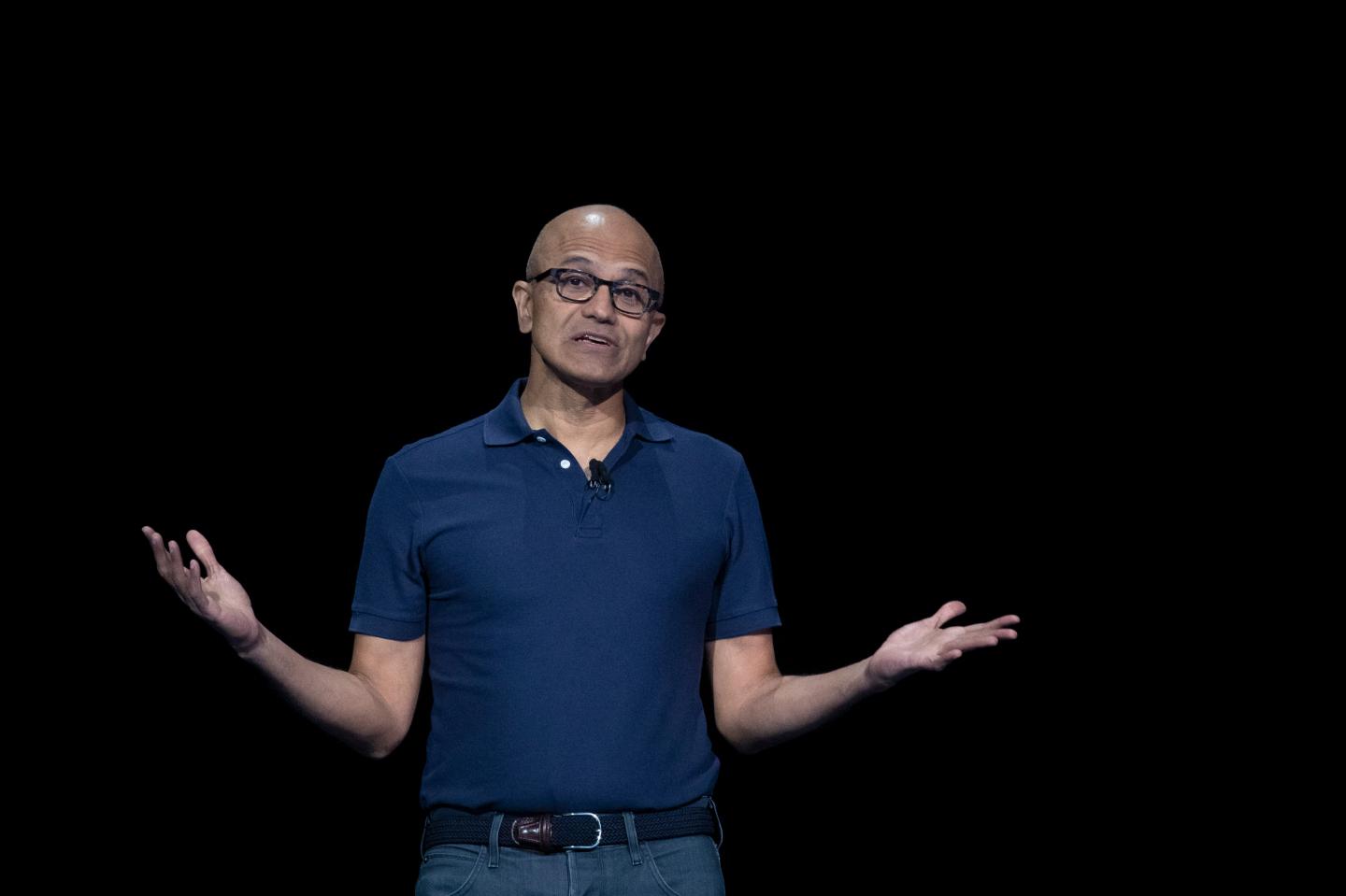 Satya Nadella, chief executive officer of Microsoft, speaks during a launch event for the new Samsung Galaxy Note 10 smartphone at Barclays Center on August 7, 2019 in the Brooklyn borough of New York City.