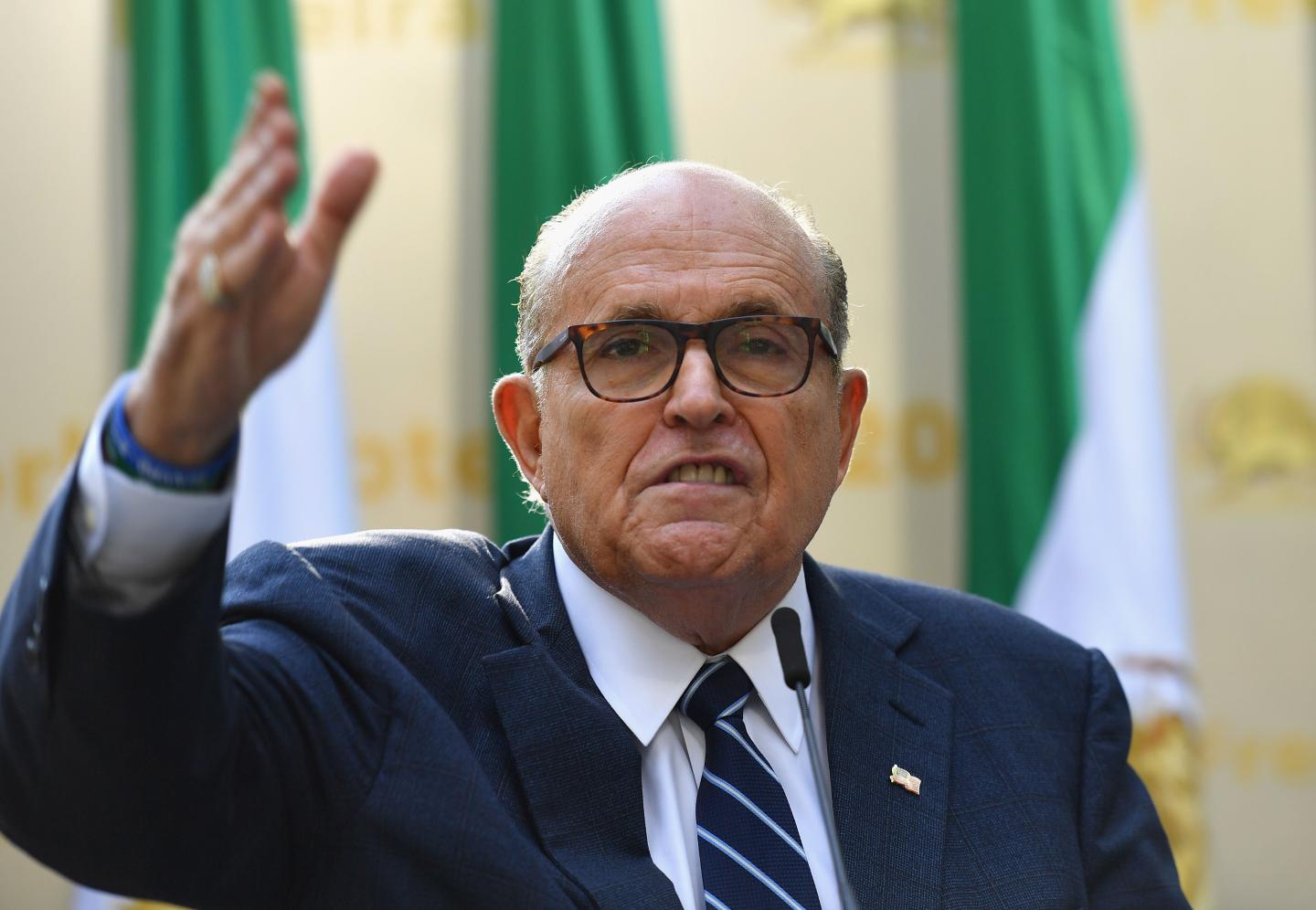 Rudy Giuliani, Former Mayor of New York City speaks to the Organization of Iranian American Communities during their march to urge "recognition of the Iranian people's right for regime change," outside the United Nations Headquarters in New York on September 24, 2019. - They urged recognition of the Iranian people's right for regime change and declared their support for the leader of democratic opposition, Maryam Rajavi. (Photo by Angela Weiss / AFP) (Photo credit should read ANGELA WEISS/AFP via Getty Images)