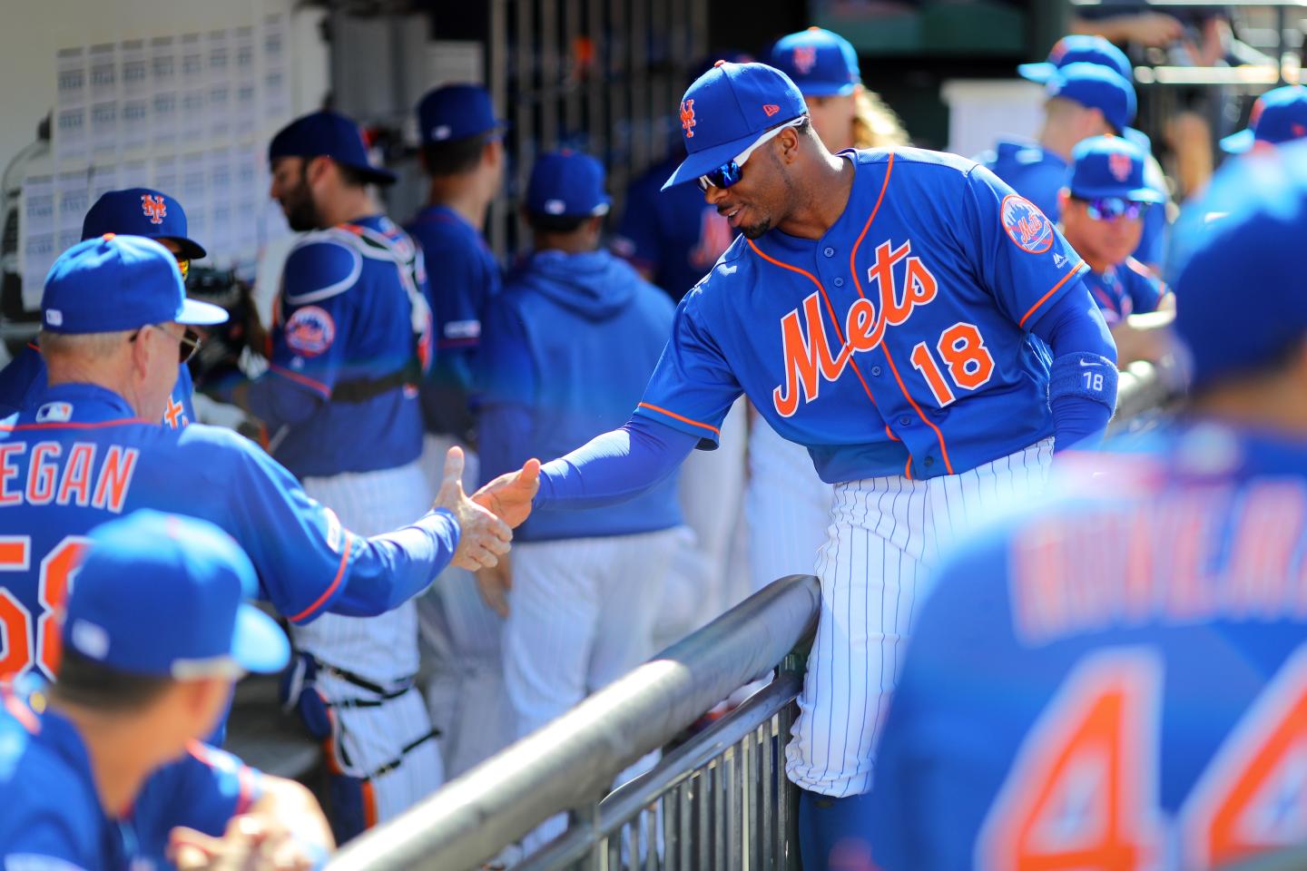 Rajai Davis #18 of the New York Mets shakes another player's hand in the dugout before the game between the Atlanta Braves and the New York Mets at Citi Field.