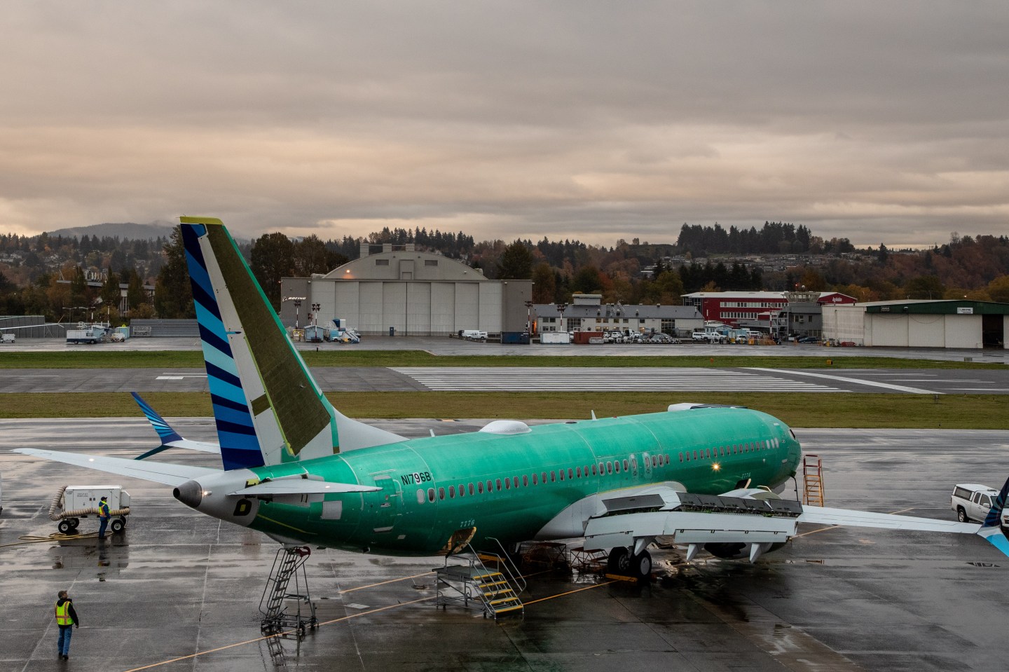 RENTON, WA - OCTOBER 20: A worker inspects a Boeing 737 MAX aircraft at Boeing's Renton Factory on October 20, 2019 in Renton, Washington. (Photo by Gary He/Getty Images)