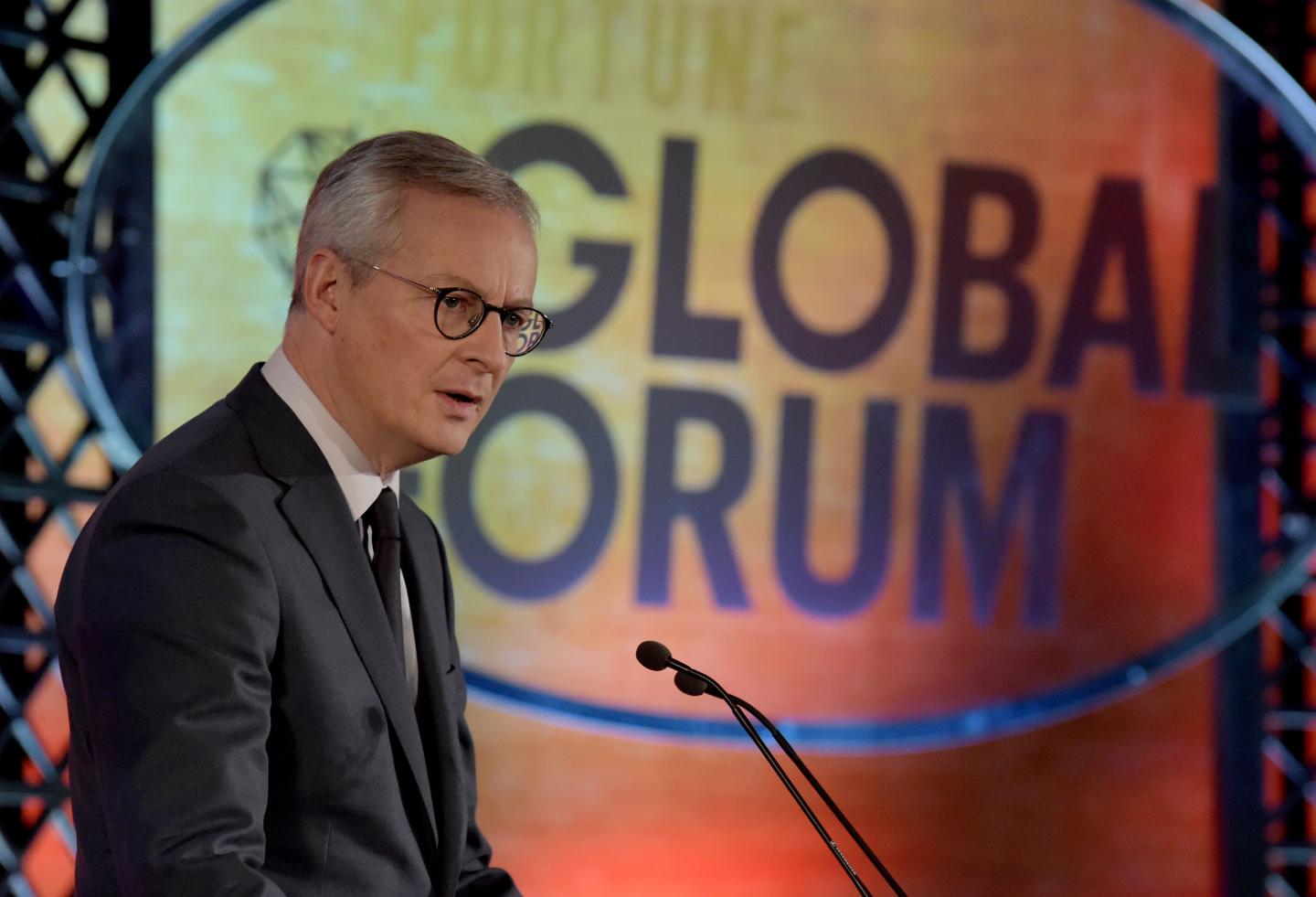 French Economy and Finance Minister Bruno Le Maire addresses the audience during the Fortune Global Forum event in Paris on November 18, 2019.