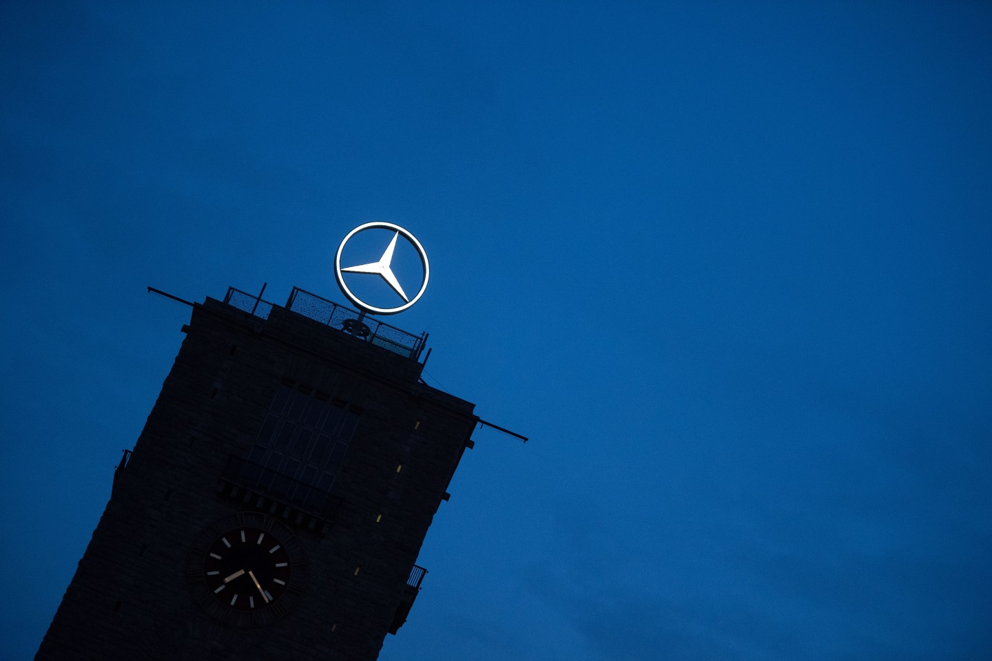 22 November 2019, Baden-Wuerttemberg, Stuttgart: The Mercedes star can be seen on the tower of the main station. Photo: Marijan Murat/dpa (Photo by Marijan Murat/picture alliance via Getty Images)