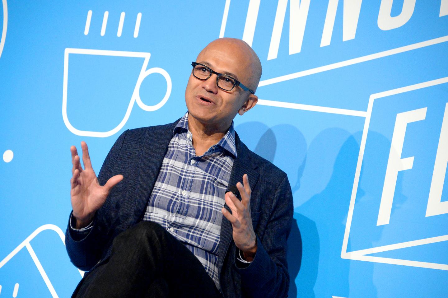 Satya Nadela speaks on stage at the "A Conversation with Microsoft's Satya Nadella" panel at the on November 07, 2019 in New York City.