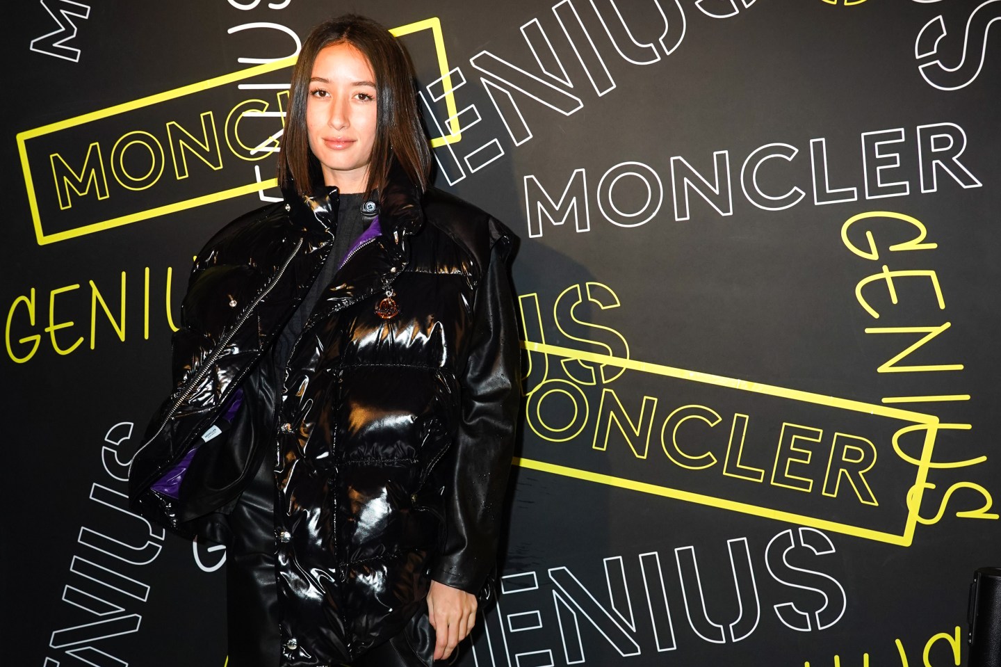 PARIS, FRANCE - NOVEMBER 07: Alexandra Guerain wears a black oversized puffer jacket, during Moncler House Of Genius : Paris Opening Event at Galeries Lafayette Champs-Elysees on November 07, 2019 in Paris, France. (Photo by Edward Berthelot/Getty Images)