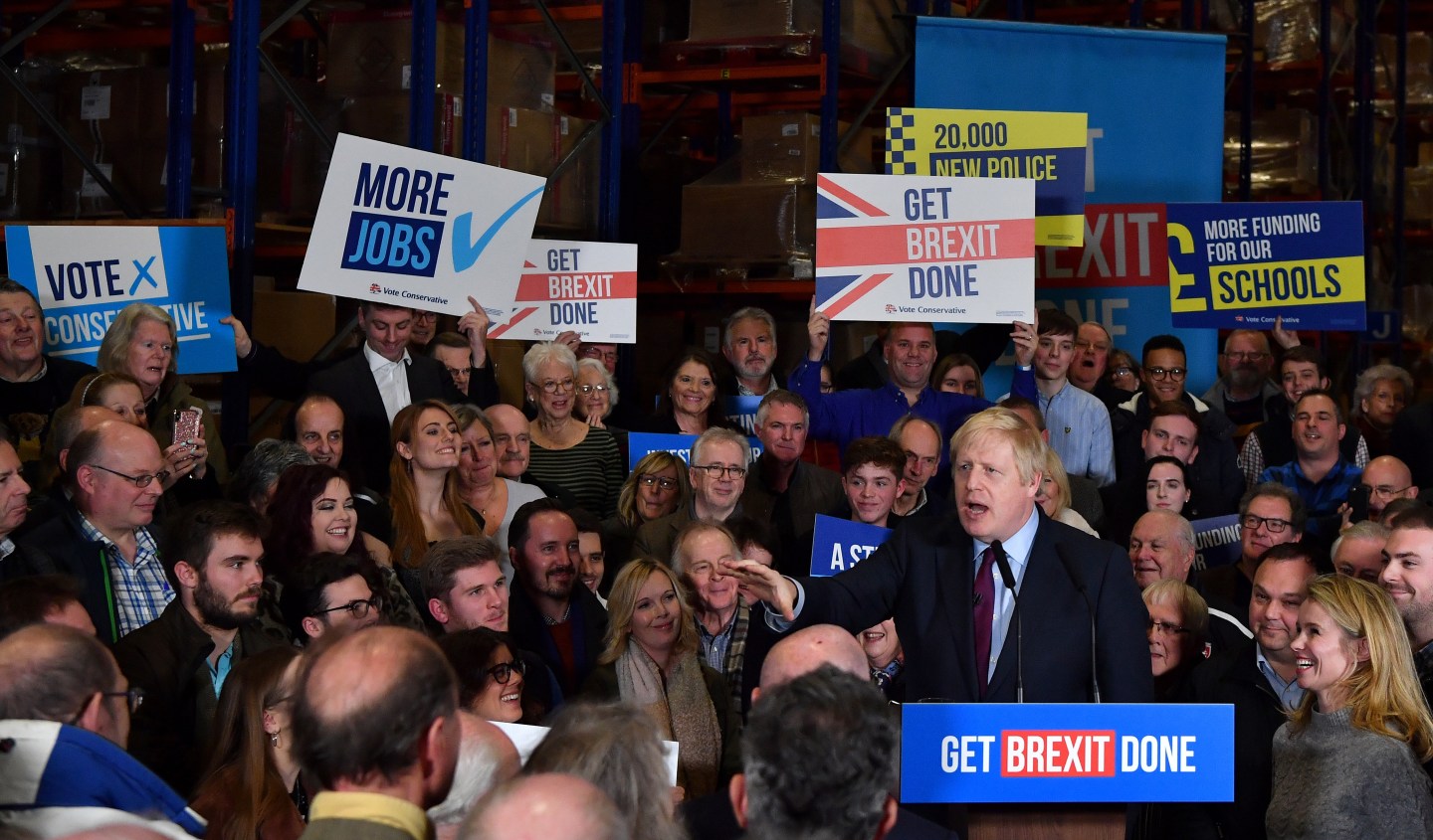 British Prime Minister and Conservative leader Boris Johnson speaks at a general election campaign rally on December 9, 2019 in Quedgeley, near Gloucester, England.