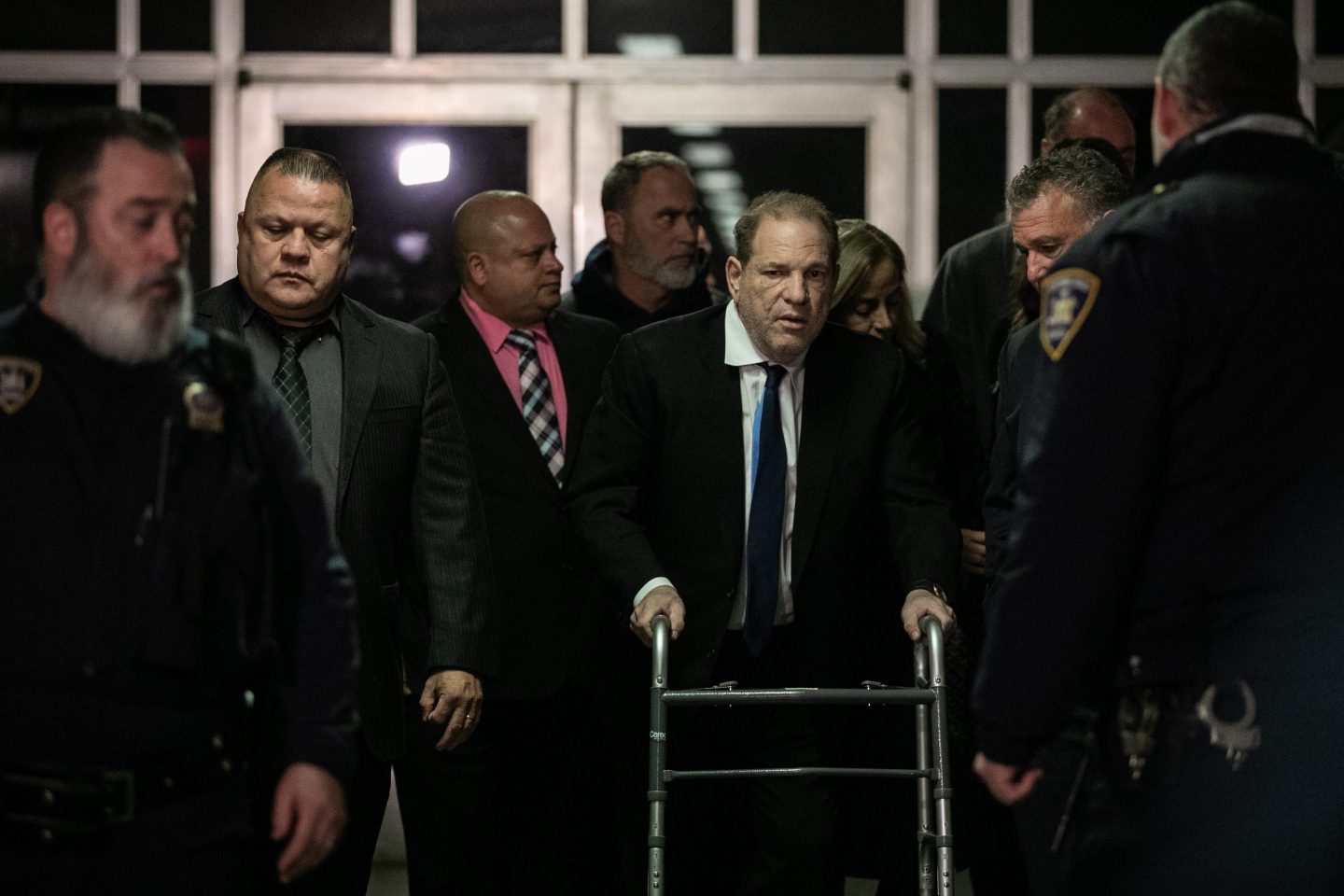 NEW YORK, NY - DECEMBER 11: Movie producer Harvey Weinstein departs from criminal court after a bail hearing on December 11, 2019 in New York City. Weinstein was in court for a ruling on whether he will remain free on bail or if his bail will be raised to $5 million before his trial starts January 6. (Photo by Jeenah Moon/Getty Images)