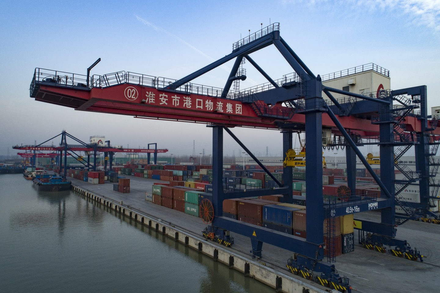 HUAI'AN, CHINA -DECEMBER 13, 2019 - Aerial photo of phase II wharf of Huai'an new port of Beijing Hangzhou Grand Canal, Huai'an City, Jiangsu Province, China, December 13, 2019.- PHOTOGRAPH BY Costfoto / Barcroft Media (Photo credit should read Costfoto / Barcroft Media via Getty Images)