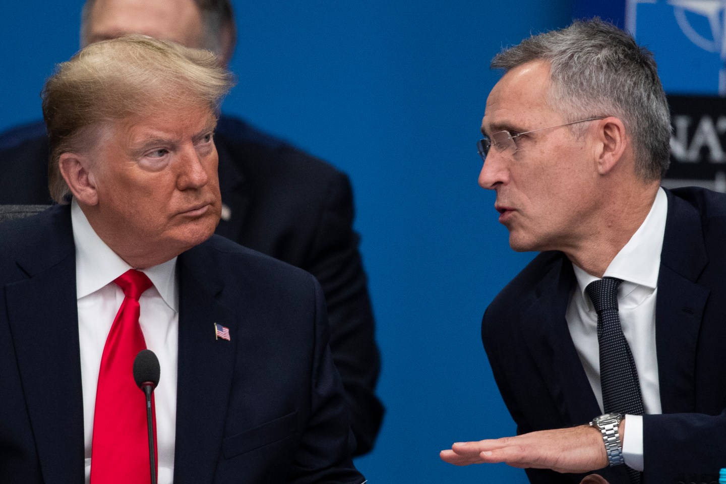 U.S. President Donald Trump speaks with Jens Stoltenberg, Secretary General of NATO as they attend the NATO summit at the Grove Hotel on December 4, 2019 in Watford, England.