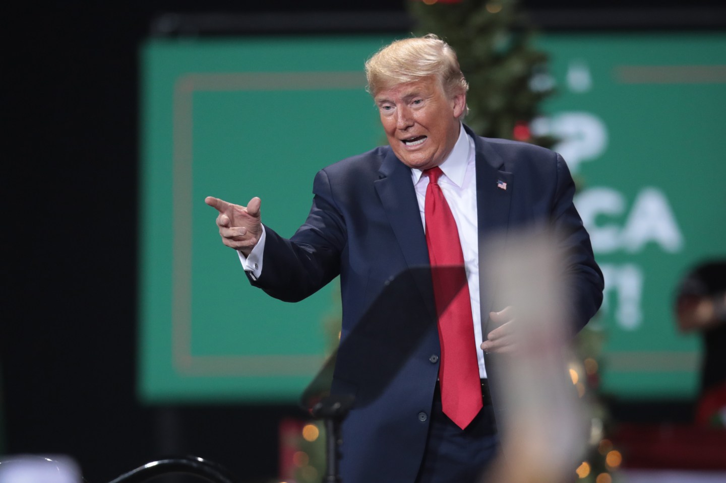 BATTLE CREEK, MICHIGAN - DECEMBER 18: President Donald Trump leaves his Merry Christmas Rally at the Kellogg Arena on December 18, 2019 in Battle Creek, Michigan. While Trump spoke at the rally the House of Representatives voted, mostly along party lines, to impeach the president for abuse of power and obstruction of Congress, making him just the third president in U.S. history to be impeached. (Photo by Scott Olson/Getty Images)