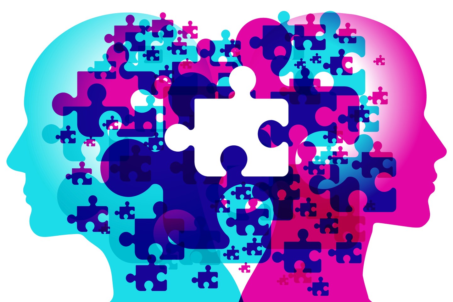 A male and female side silhouette positioned back to back, overlaid with various semi-transparent Jigsaw puzzle piece shapes. Overlaid across the centre is a white jigsaw piece.
