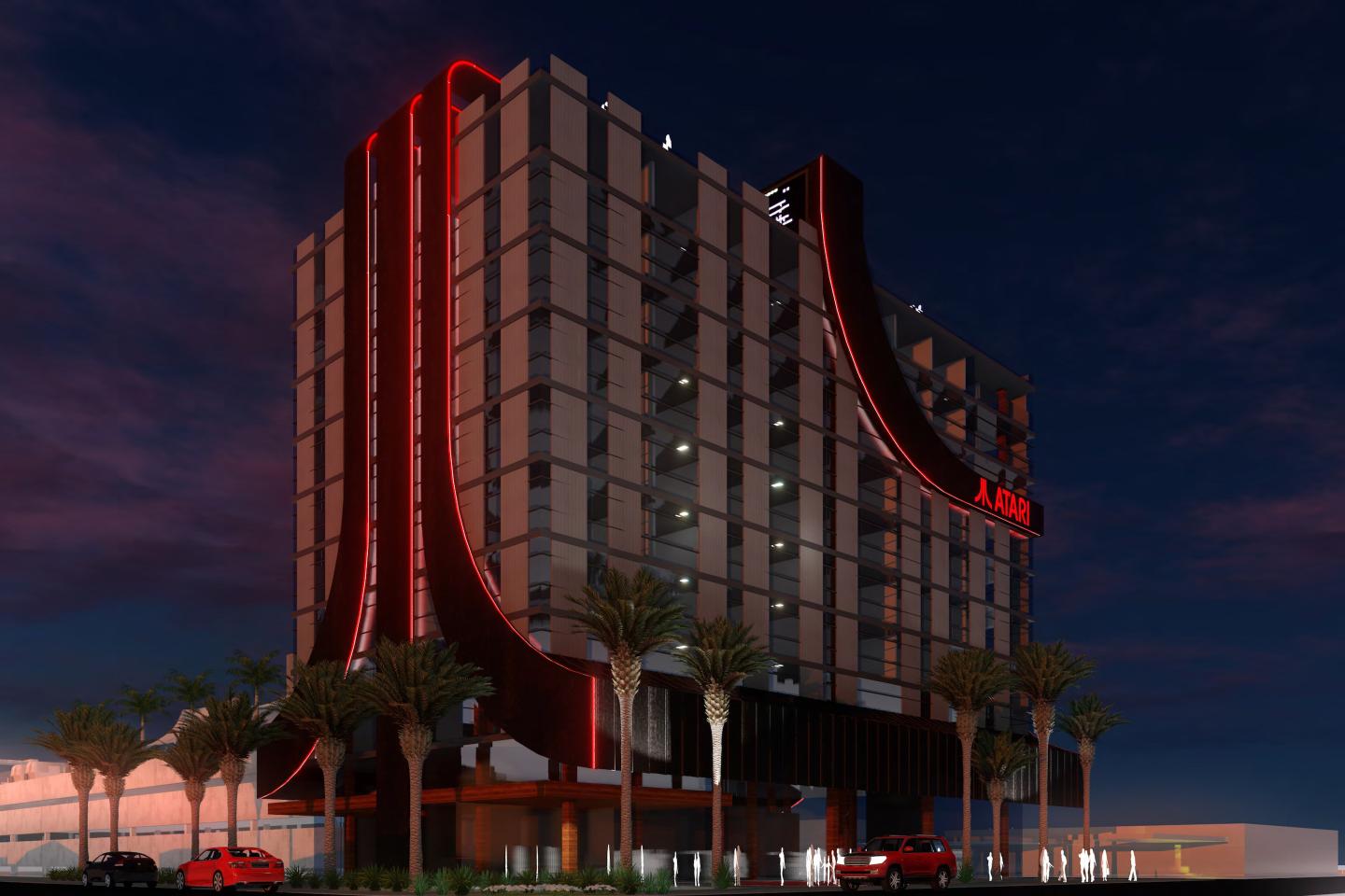 An artist rendering of Atari's new hotel concept, the first of which breaks ground in Phoenix, Ariz. later this year. Planned features include arcade bars,  fine restaurants, and e-sports studios, which will be able to host and broadcast events to fans via the Internet. Courtesy of Atari S.A.
