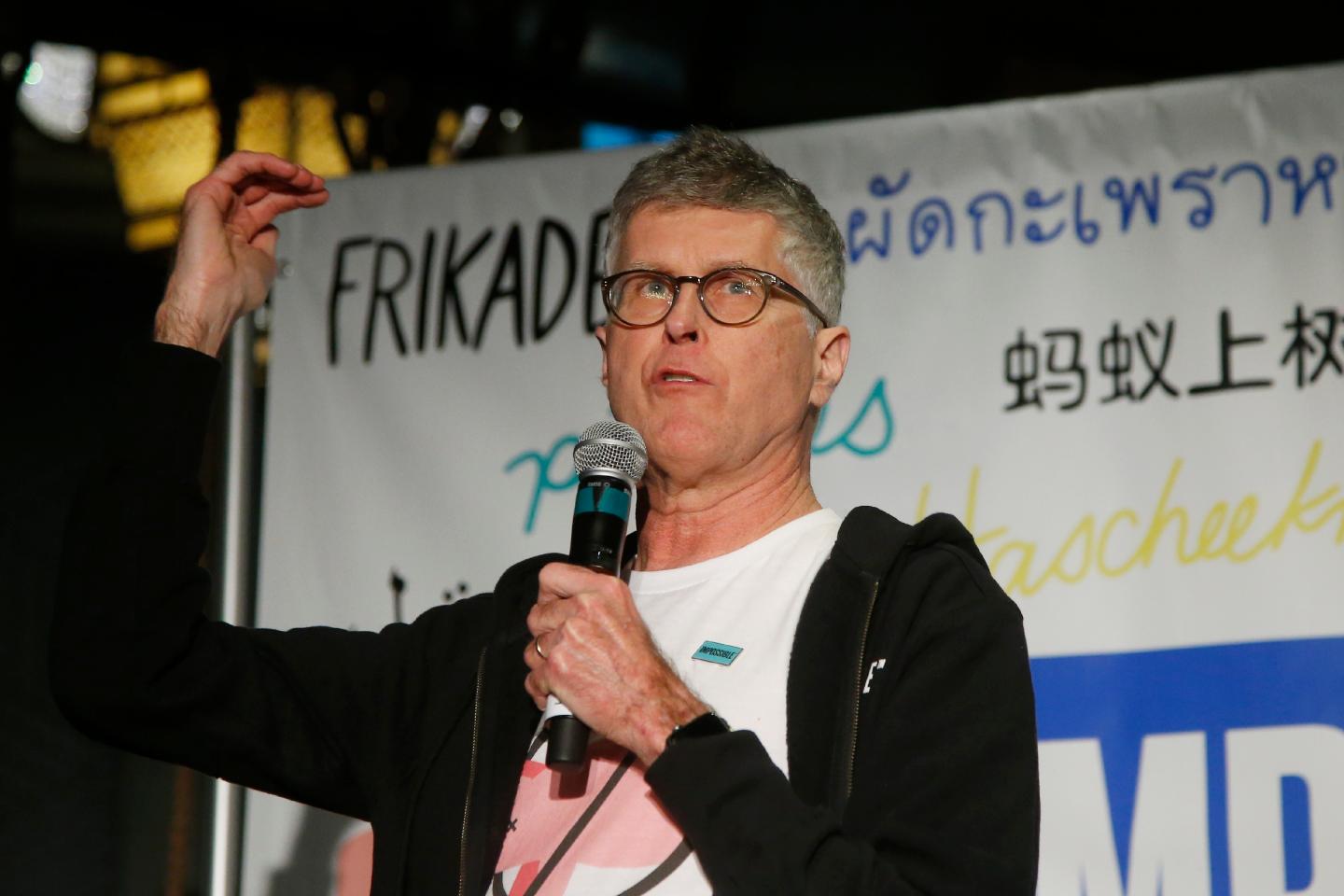 Dr. Patrick Brown, founder and CEO of Impossible Foods, the California plant-based meat company, unveils Impossible Pork and Impossible Sausage during a news conference before the CES tech show Monday, Jan. 6, 2020, in Las Vegas. Dr. Brown is also a professor emeritus in Stanford University's Biochemistry Department at the School of Medicine. (AP Photo/Ross D. Franklin)