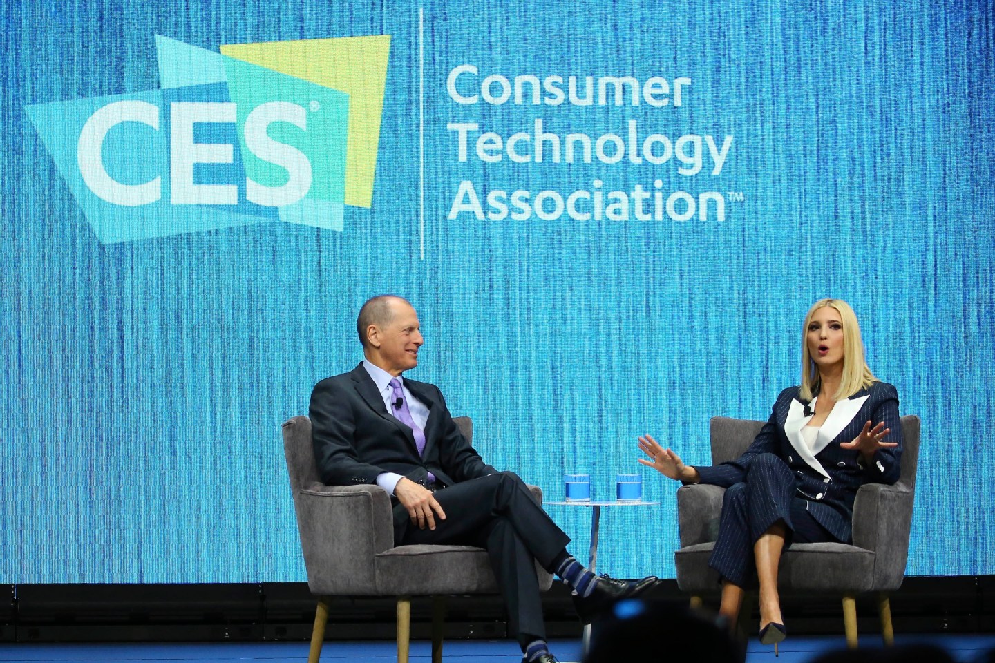 Ivanka Trump, right, the daughter and senior adviser to U.S. President Donald Trump, answers a question as she is interviewed by Gary Shapiro, left, CEO of the Consumer Technology Association, at the Consumer Technology Association Keynote during the CES tech show Tuesday, Jan. 7, 2020, in Las Vegas. (AP Photo/Ross D. Franklin)