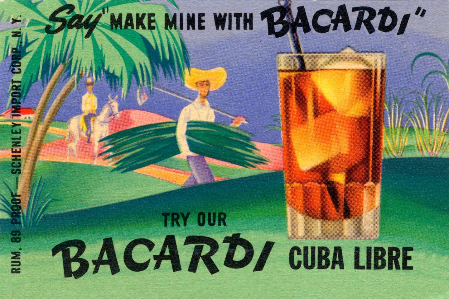 A Bacardi advertisement showcasing the Cuba Libre, a popular highball drink with origin ties to the Spanish-American War of 1898.