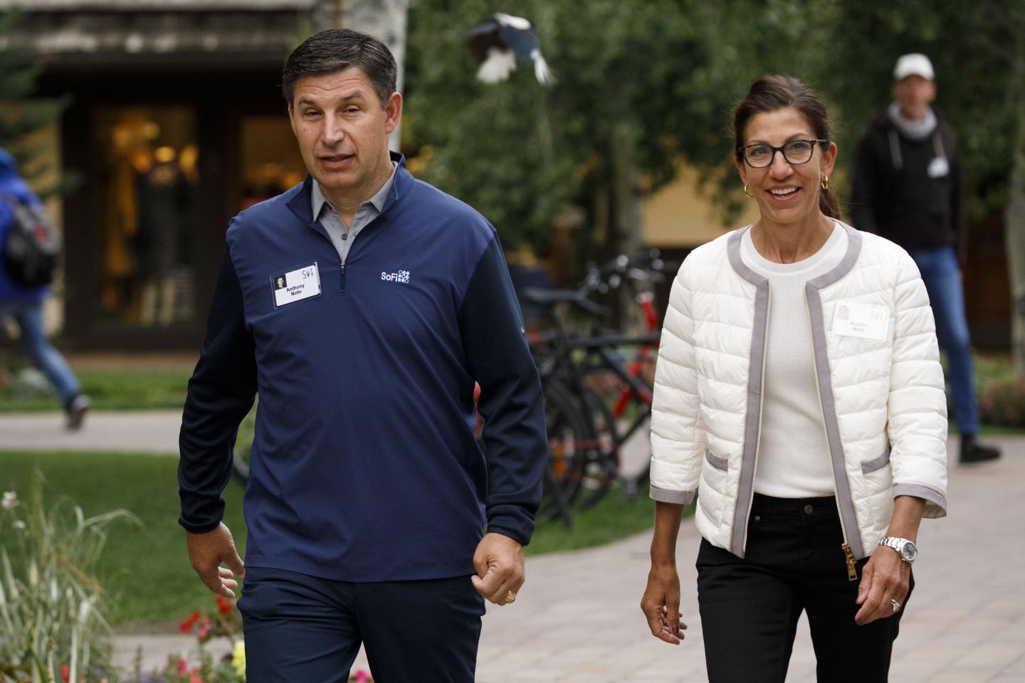 Anthony Noto, chief executive officer of SoFi and Kristin Noto arrive for the morning session of the Allen &amp; Co. Media and Technology Conference in Sun Valley, Idaho, U.S., on Wednesday, July 10, 2019. The 36th annual event gathers many of America's wealthiest and most powerful people in media, technology, and sports. Photographer: Patrick T. Fallon/Bloomberg via Getty Images