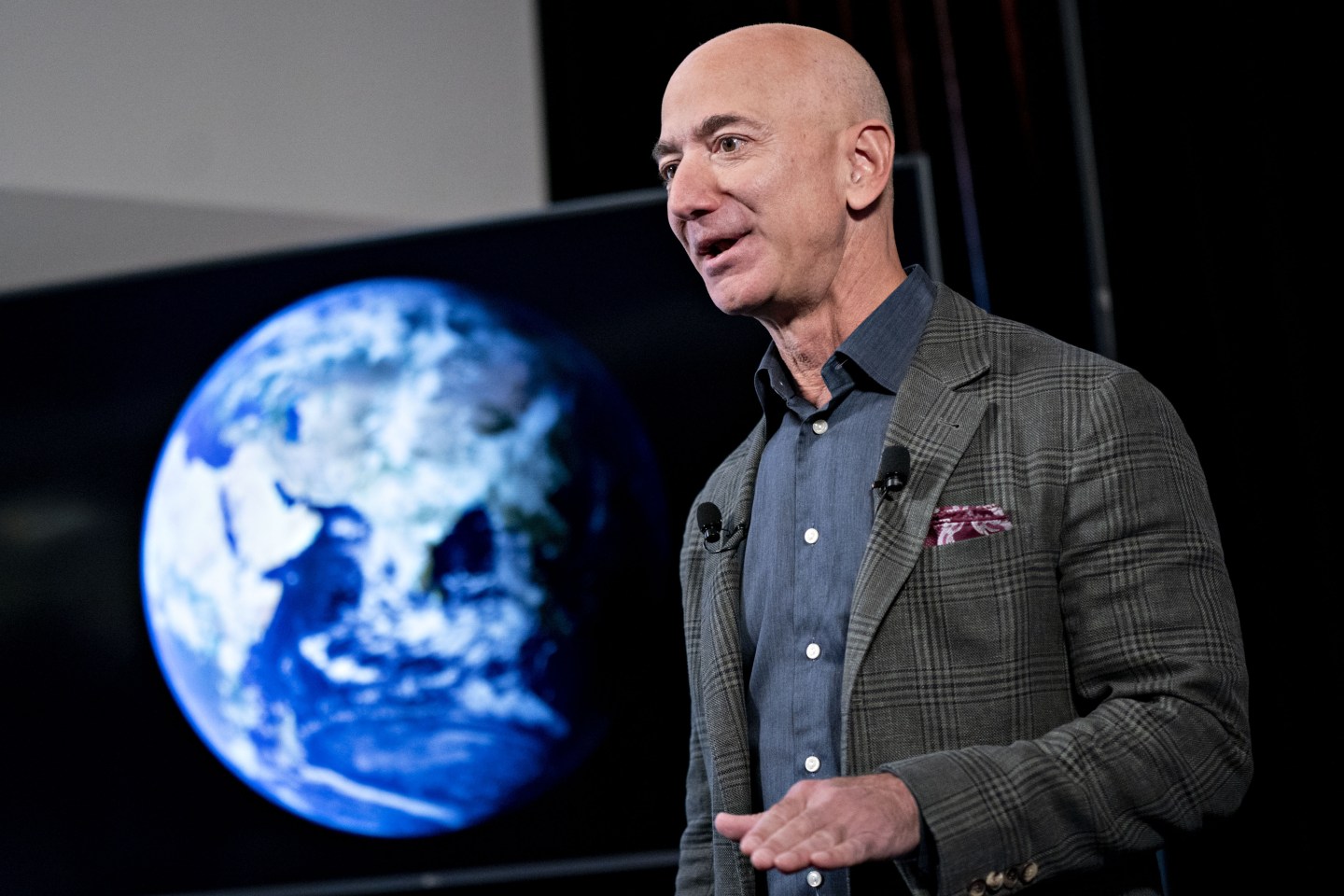 Jeff Bezos, founder and chief executive officer of Amazon.com Inc., speaks at the National Press Club in Washington, D.C., U.S., on Thursday, Sept. 19, 2019. Bezos spoke about Amazon's sustainability efforts a day before workers around the world, including more than 1,000 of his own employees, are scheduled to walk out to spotlight climate change. Photographer: Andrew Harrer/Bloomberg via Getty Images