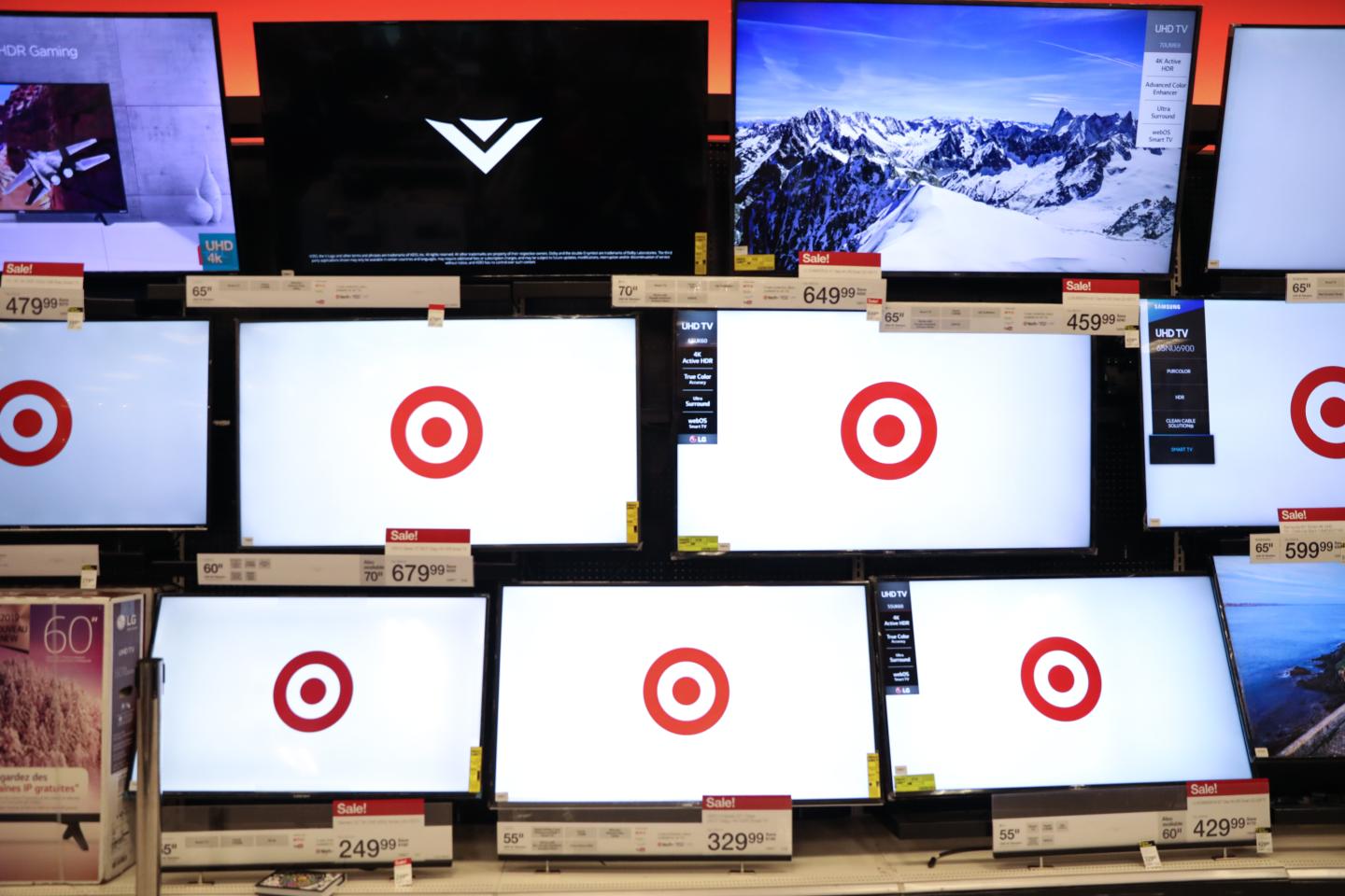 Televisions are displayed for sale at a Target Corp. store in the Queens borough of New York, U.S, on Thursday, Nov. 28, 2019. A gauge of buying conditions in the U.S. advanced last week to 55.3, the highest ever leading up to the first shopping day after the Thanksgiving holiday, according to Bloomberg Consumer Comfort Index data. Photographer: Bess Adler/Bloomberg via Getty Images