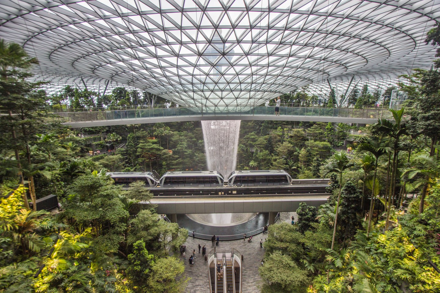 The skytrain rides past the Rain Vortex at the Jewel Changi Airport, Singapore