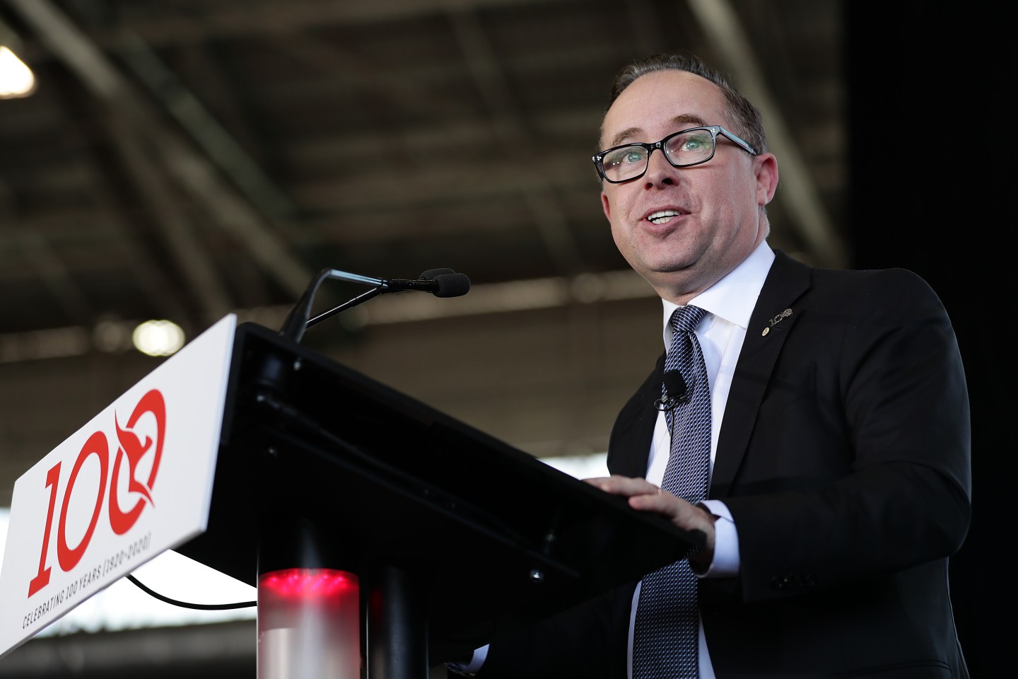 Qantas Group CEO, Alan Joyce speaks during the celebration of the arrival of Qantas's London-to-Sydney direct flight on November 15, 2019 in Sydney, Australia. The new coronavirus is potentially an existential threat for Asian airlines, Joyce says.