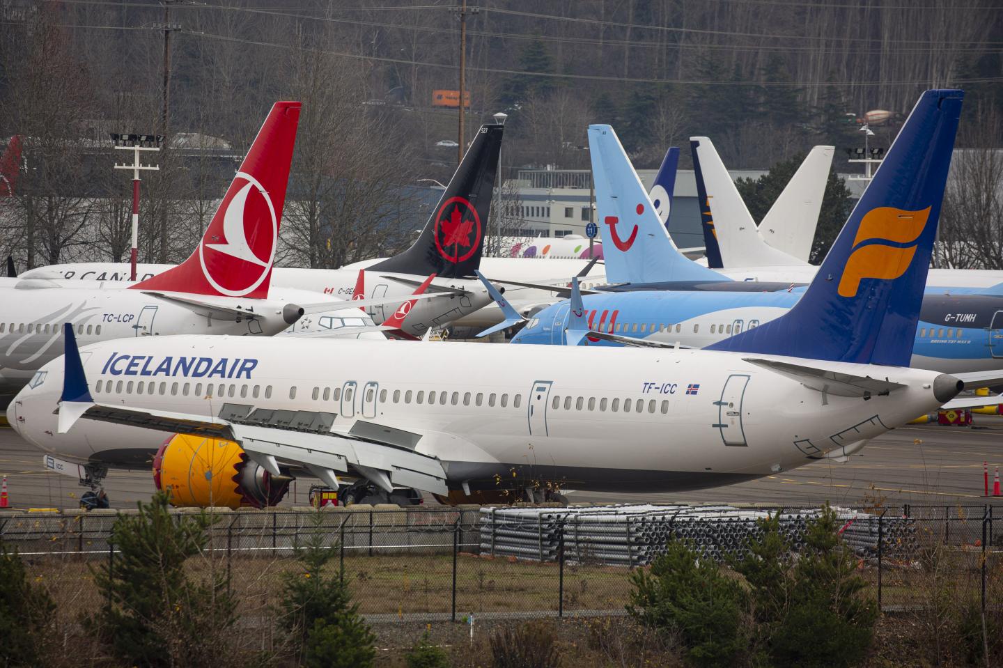 Parked 737 Max planes at a Boeing facility.