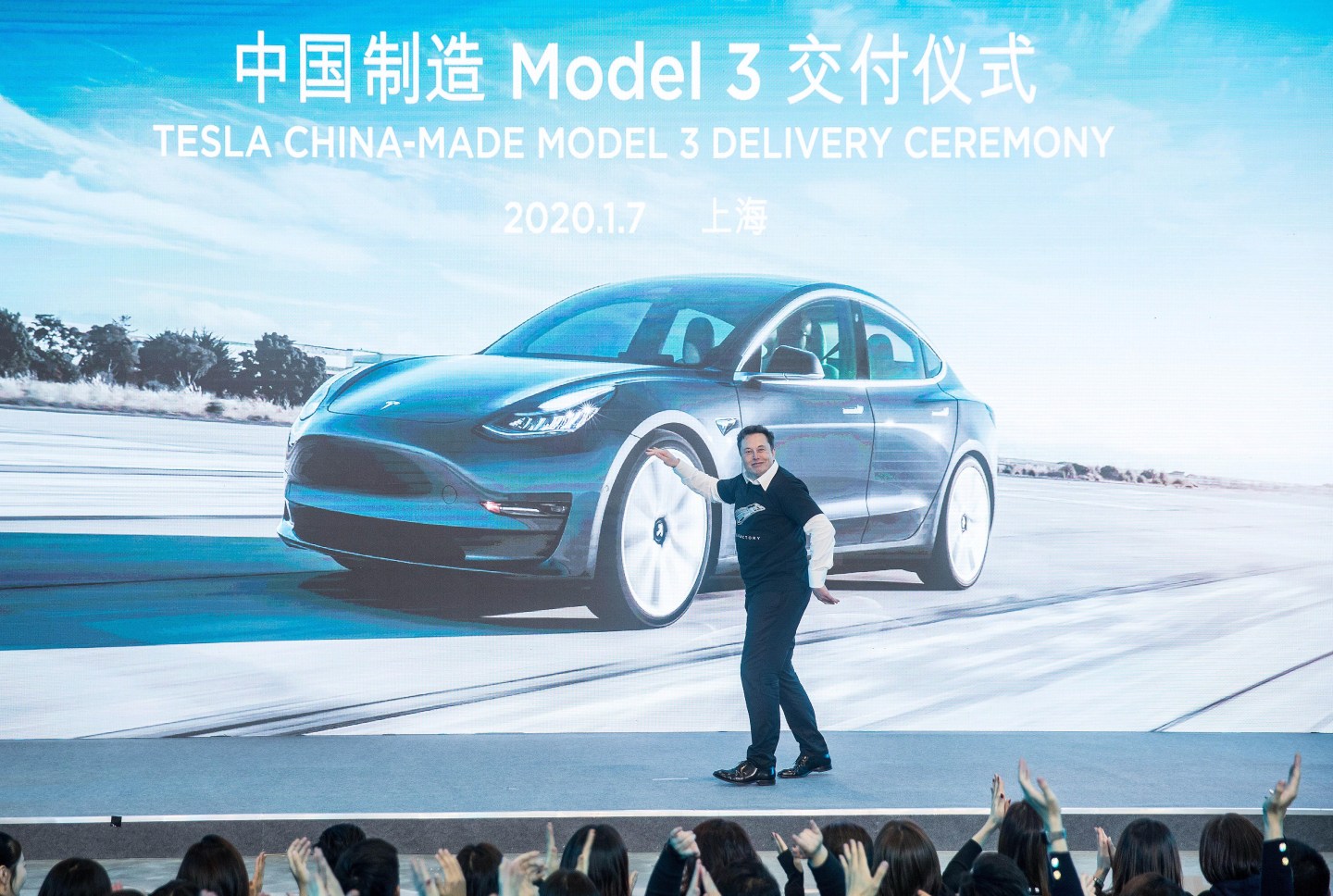 SHANGHAI, Jan. 7, 2020 -- Tesla CEO Elon Musk gestures at a delivery ceremony for Tesla China-made Model 3 in Shanghai, east China, Jan. 7, 2020. U.S. electric carmaker Tesla officially launched its China-made Model Y program in its Shanghai gigafactory Tuesday, one year after the company broke ground on its first overseas plant. The first batch of China-produced Model 3 sedans was also delivered to its non-employee customers at an opening ceremony for the program. (Photo by Ding Ting/Xinhua via Getty) (Xinhua/Ding Ting via Getty Images)