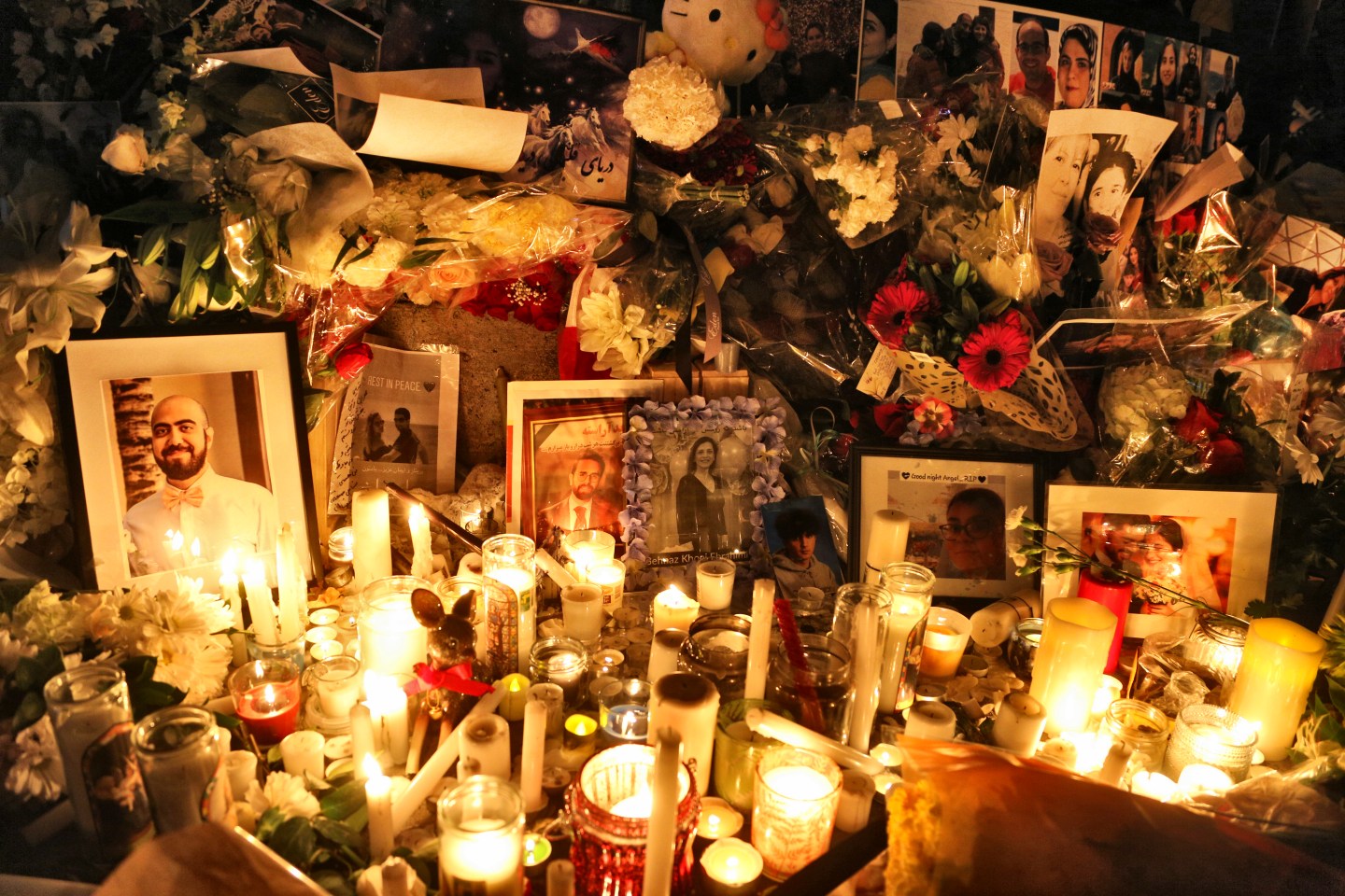 Memorial during a candlelight vigil at Mel Lastman Square in Toronto, Ontario, Canada, on January 09, 2020 for the victims of the Ukrainian International Airlines flight PS752 plane crash. On 8 January 2020, the Ukrainian airliner crashed approximately six minutes after takeoff from Tehran airport killing all 176 people on board. Newly emerging video appears to show a missile being fired and hitting the plane. Leaders of Canada and Britain said that they have intelligence that the Ukrainian airliner was shot down by an Iranian surface-to-air missile. Canadian Prime Minister Justin Trudeau said Canada's intelligence, as well as intelligence provided by allies, shows that the commercial aircraft was shot down by an Iranian surface-to-air missile. 63 Canadian citizens were killed in the crash. (Photo by Creative Touch Imaging Ltd./NurPhoto via Getty Images)