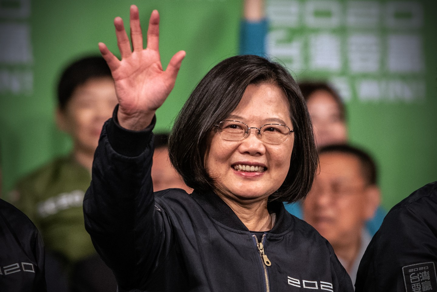 TAIPEI, TAIWAN - JANUARY 11: Tsai Ing-Wen waves after addressing supporters following her re-election as President of Taiwan on January 11, 2020 in Taipei, Taiwan. Tsai Ing-Wen of the Democratic Progressive Party (DPP) has been re-elected as Taiwans president as voters displayed their disapproval of Beijing by opting for a leader who had campaigned on defending their country from China. (Photo by Carl Court/Getty Images)