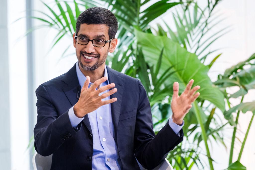 Alphabet CEO Sundar Pichai speaking at event in Brussels.