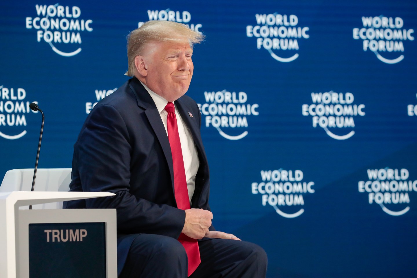 U.S. President Donald Trump reacts during a special address on the opening day of the World Economic Forum (WEF) in Davos, Switzerland, on Tuesday, Jan. 21, 2020. World leaders, influential executives, bankers and policy makers attend the 50th annual meeting of the World Economic Forum in Davos from Jan. 21 - 24. Photographer: Jason Alden/Bloomberg via Getty Images
