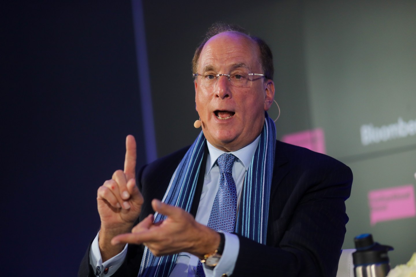 Larry Fink, chief executive officer of BlackRock CEO Inc., gestures as he speaks during a Bloomberg event on the opening day of the World Economic Forum (WEF) in Davos, Switzerland, on Tuesday, Jan. 21, 2020. World leaders, influential executives, bankers and policy makers attend the 50th annual meeting of the World Economic Forum in Davos from Jan. 21 - 24. Photographer: Simon Dawson/Bloomberg via Getty Images