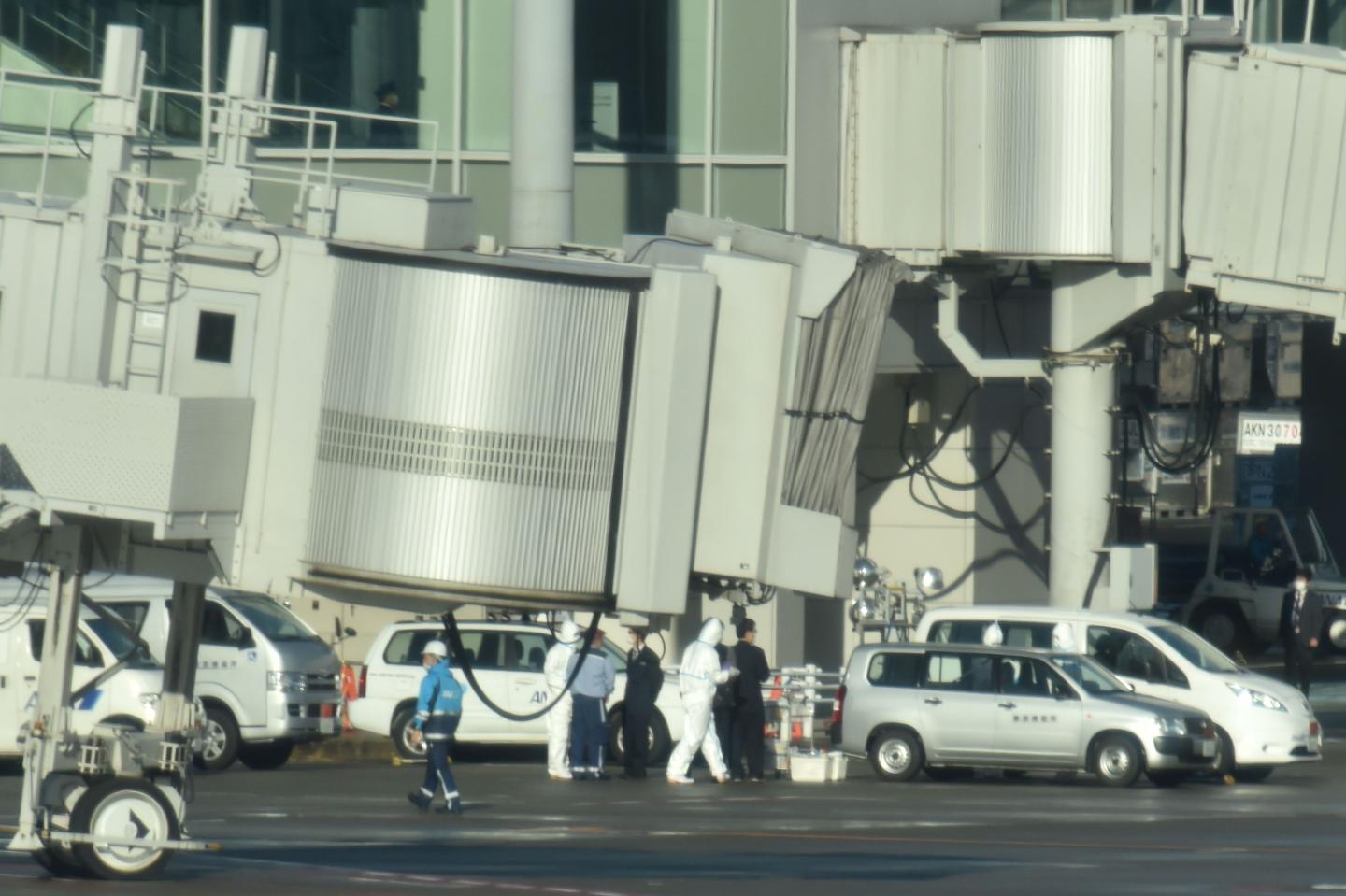 Workers in protective gear are seen on the apron near the first charter flight from the Chinese city of Wuhan, which was arranged by Japan's government to evacuate its citizens, after landing at Haneda airport in Tokyo on January 29, 2020. - The first Japanese nationals evacuated from Wuhan, the Chinese city at the centre of a deadly virus outbreak, arrived in Tokyo on January 29 aboard a charter plane. (Photo by Kazuhiro NOGI / AFP) (Photo by KAZUHIRO NOGI/AFP via Getty Images)