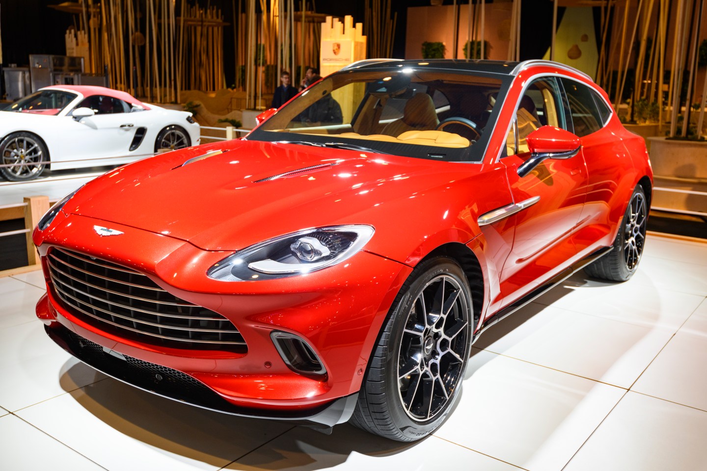 BRUSSELS, BELGIUM - JANUARY 08: Aston Martin DBX mid-sized, front-engine, all-wheel drive luxury crossover SUV on display at Brussels Expo on JANUARY 08, 2020 in Brussels, Belgium. The DBX is the first SUV car produced by Aston Martin in collaboration with Mercedes-Benz. (Photo by Sjoerd van der Wal/Getty Images)