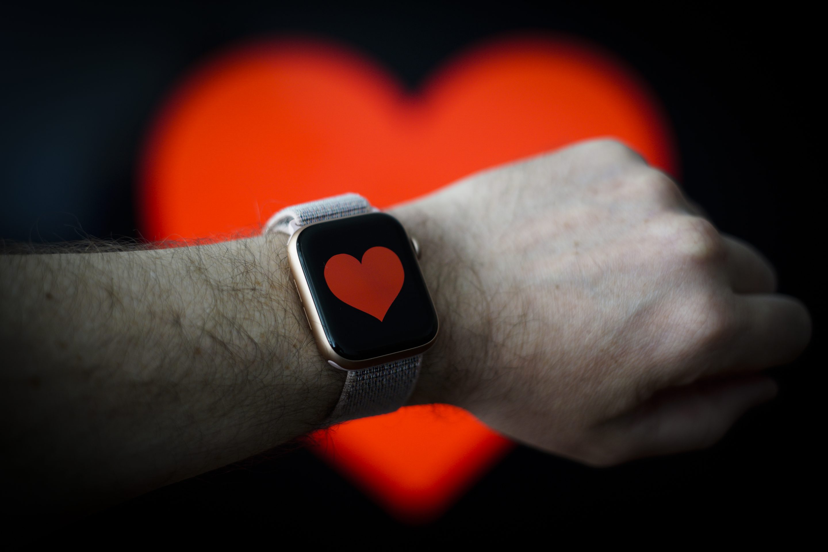 A heart graphic is seen displayed on an Apple Watch in this photo illustration in Warsaw, Poland on April 25, 2019.