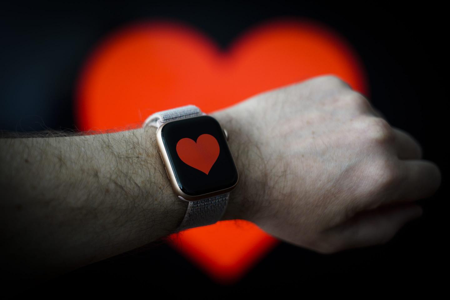 A heart graphic is seen displayed on an Apple Watch in this photo illustration in Warsaw, Poland on April 25, 2019.