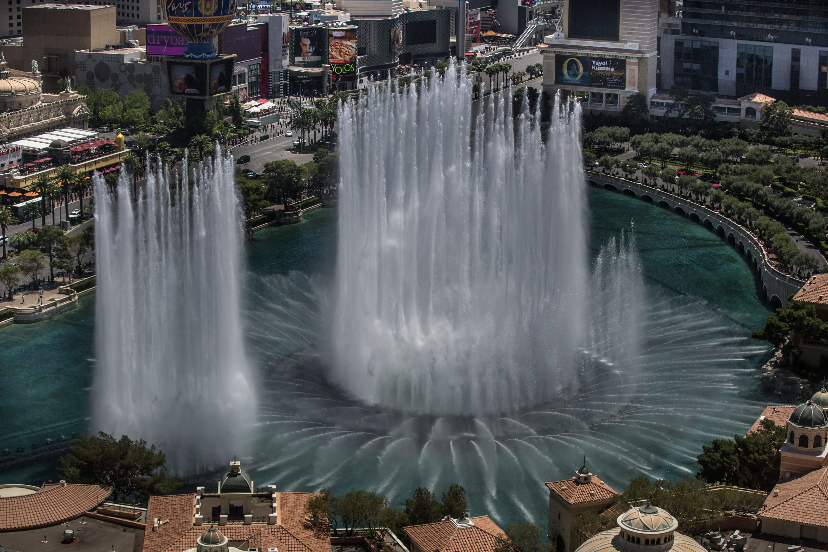 The Bellagio Hotel &amp; Casino water fountain show is viewed from Caesars Palace Hotel &amp; Casino on May 5, 2019 in Las Vegas, Nevada.