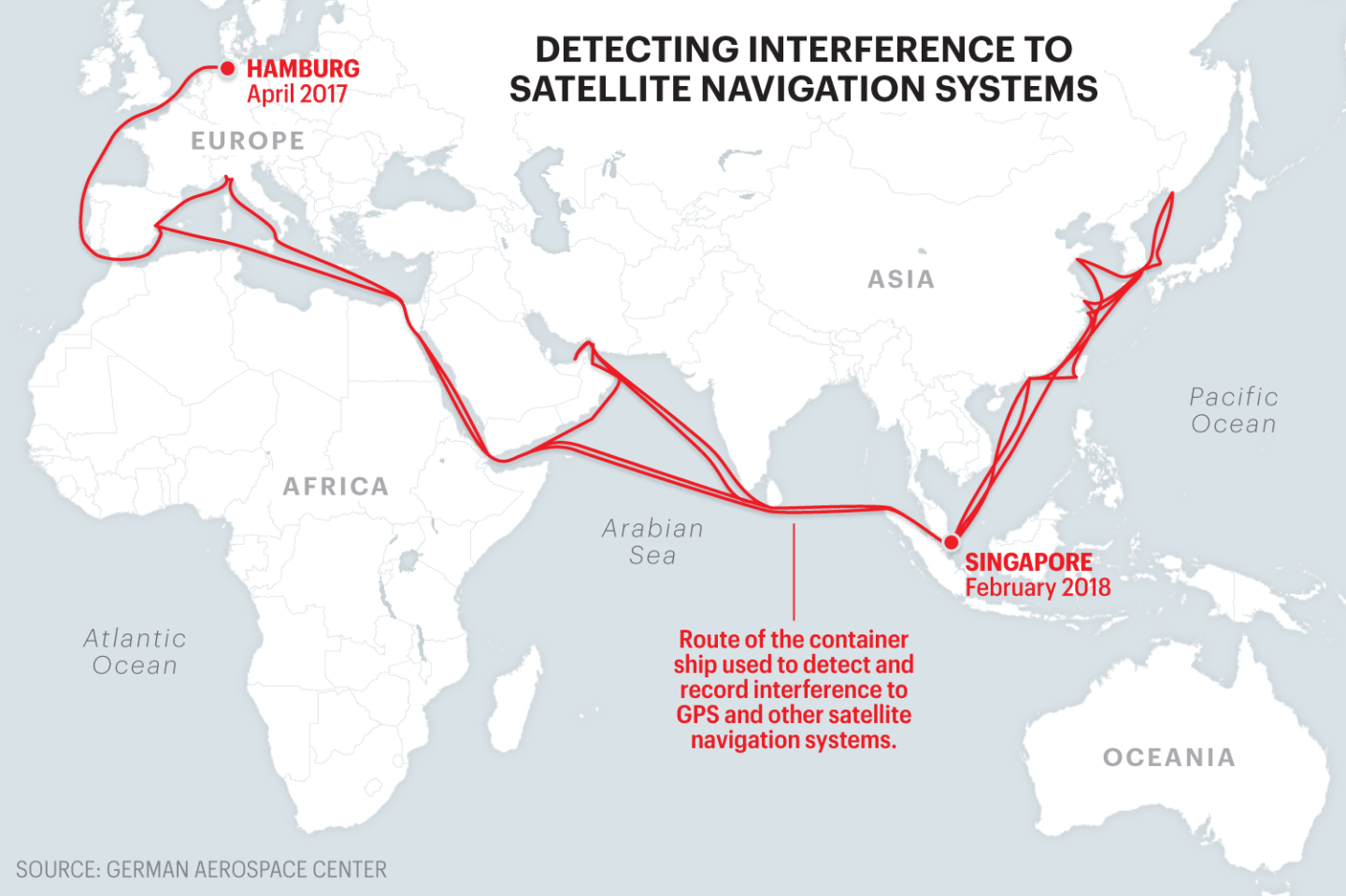 Map shows route of ship used to detect GPS interferences