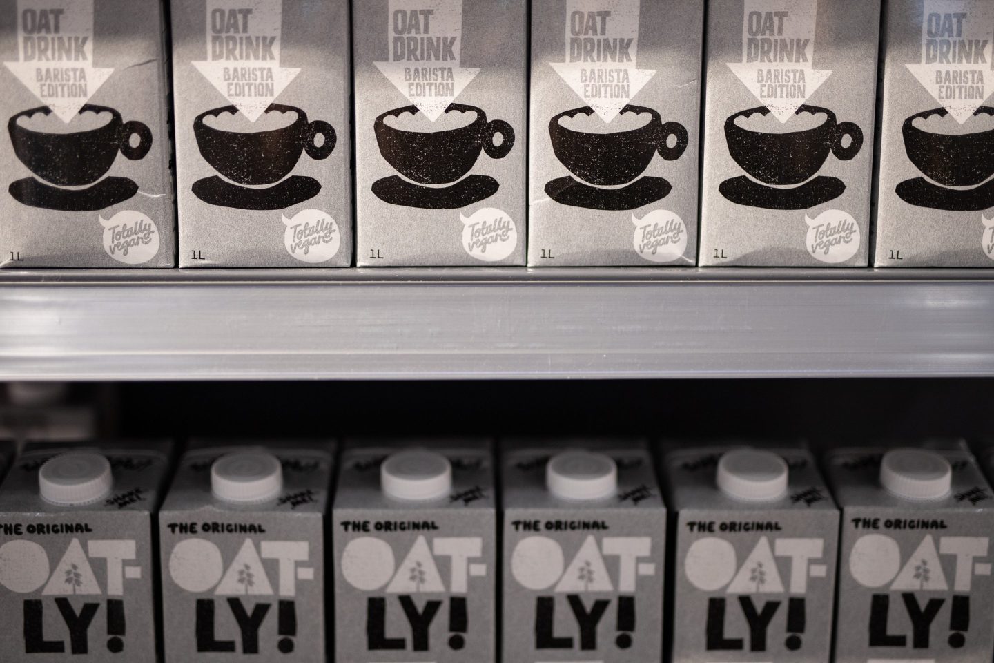 Cartons of vegan dairy-free oat milk are seen in a branch of the Planet Organic healthfood store on January 03, 2020 in London, England.